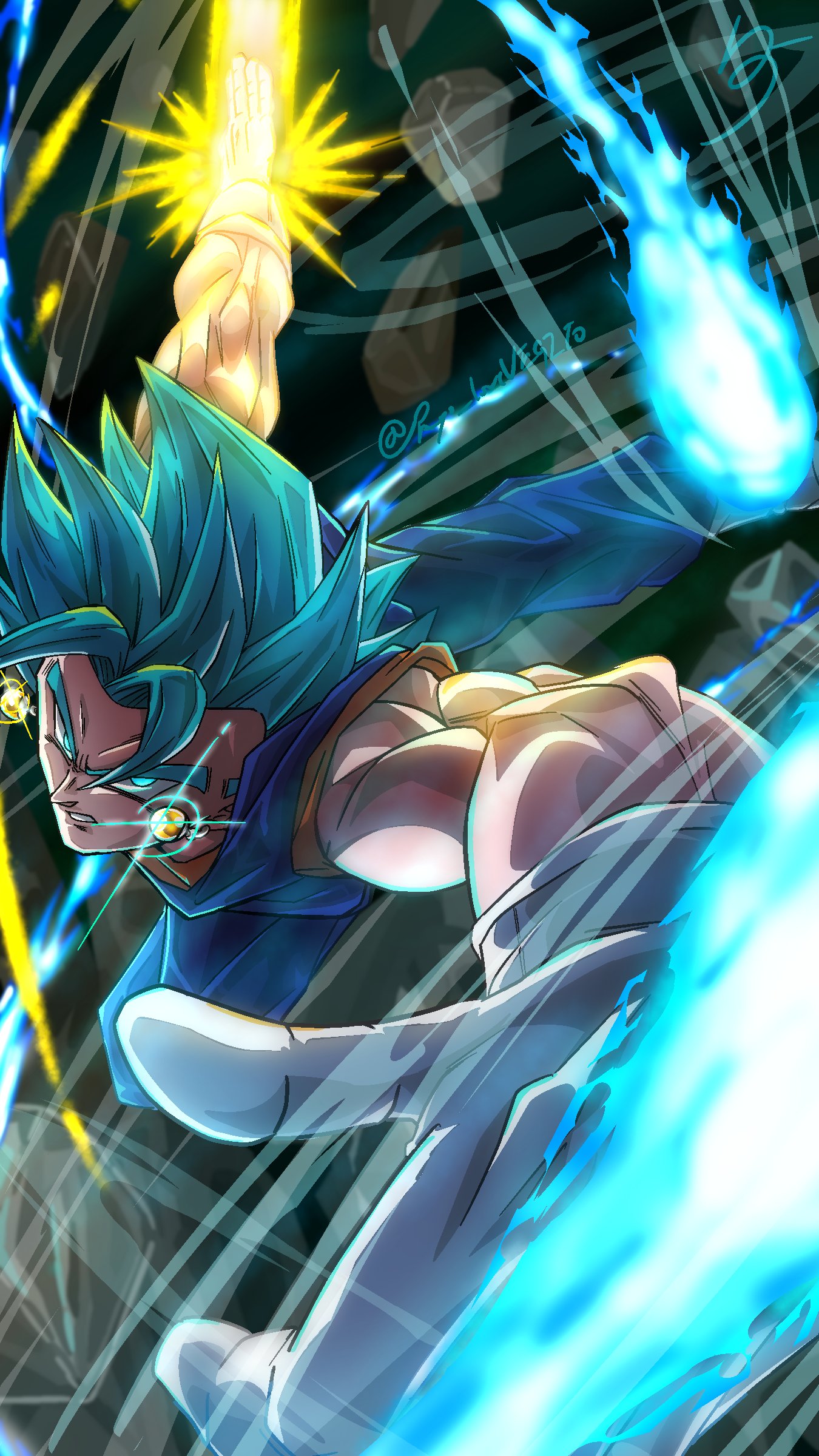 ryo lovevegito, vegetto, dragon ball, dragon ball super, absurdres, hashtag-only commentary, highres, 1boy, arm blade, blue eyes, blue hair, blue pants, blue sash, blue shirt, dark background, debris, dougi, earrings, energy ball, energy blade, full body, glint, gloves, jewelry, male focus, orange shirt, pants, potara earrings, sash, shirt, solo, spiked hair, super saiyan, super saiyan blue, weapon, white gloves, wind