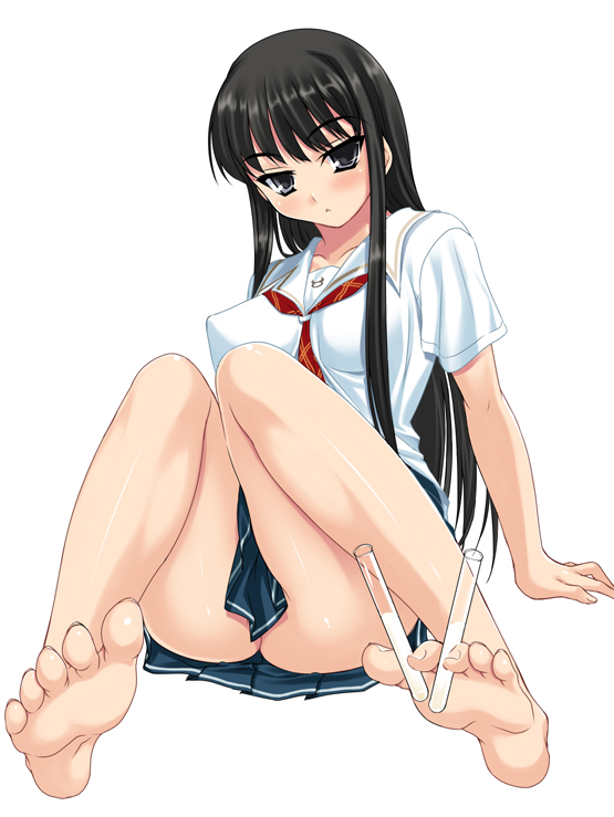 futami eriko, kimi kiss, barefoot, black hair, blush, breasts, long hair, necktie, school uniform, serafuku, skirt