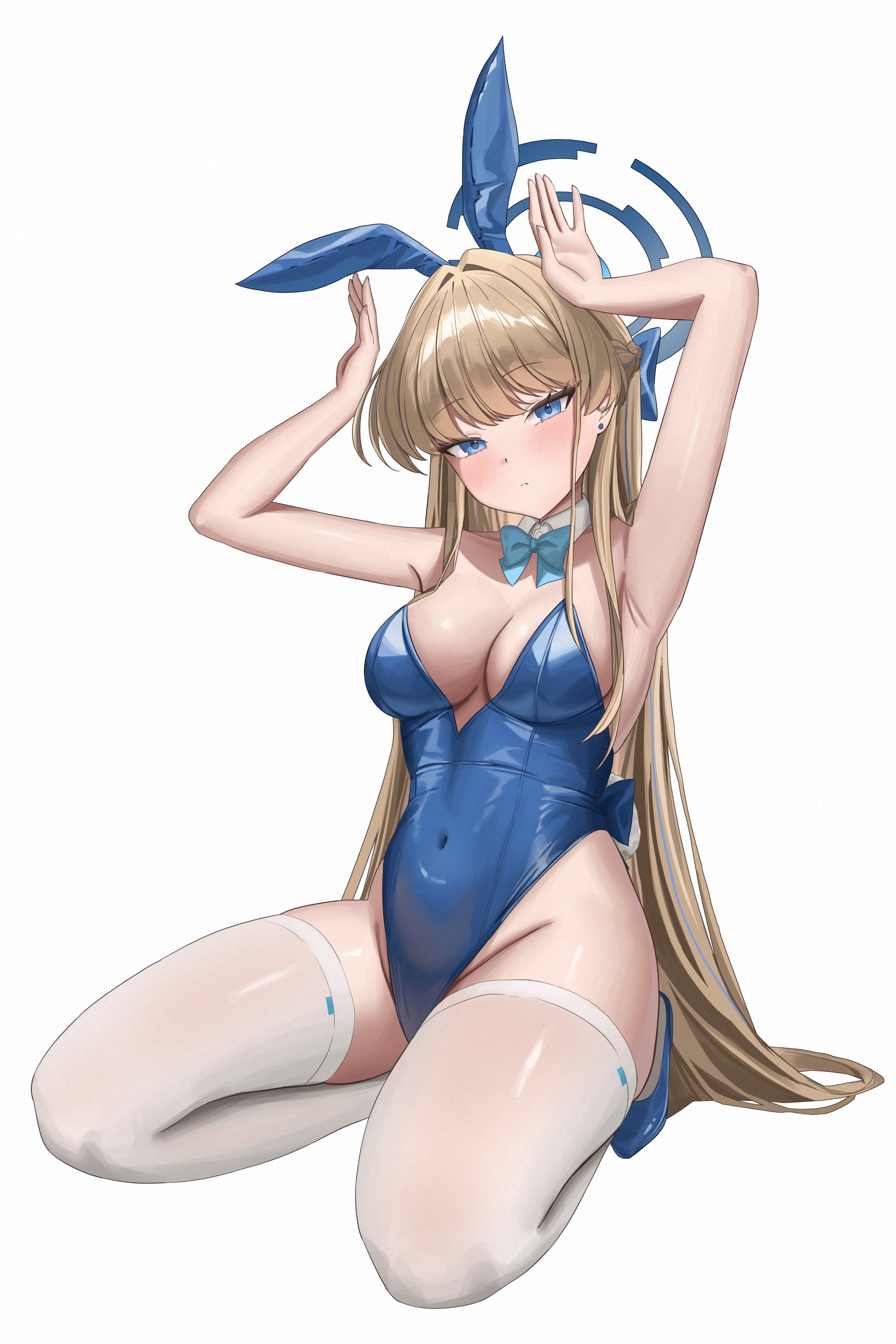 fast owl, toki (blue archive), toki (bunny) (blue archive), blue archive, absurdres, commentary, hashtag-only commentary, highres, symbol-only commentary, 1girl, animal ears, aqua bow, aqua bowtie, arms up, bare arms, bare shoulders, blonde hair, blue eyes, blue halo, blue leotard, blue shoes, blush, bow, bowtie, breasts, cleavage, closed mouth, covered navel, detached collar, fake animal ears, full body, halo, highleg, highleg leotard, kneeling, large breasts, leotard, long hair, looking at viewer, official alternate costume, official alternate hairstyle, playboy bunny, rabbit ears, rabbit pose, shoes, simple background, solo, thighhighs, thighs, white background, white thighhighs