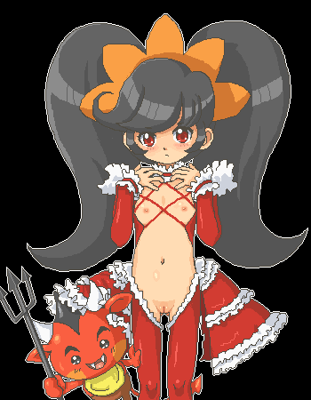 kasuga (kasuga39), ashley (warioware), red (warioware), nintendo, warioware, lowres, 1girl, big hair, black background, black hair, blush, cleft of venus, creature, demon, fangs, female focus, flat chest, frills, functionally nude, jaggy lines, lingerie, loli, long hair, nipples, no panties, open clothes, open shirt, pitchfork, polearm, pussy, red eyes, red theme, shirt, simple background, small areolae, small nipples, solo, trident, twintails, uncensored, underwear, weapon