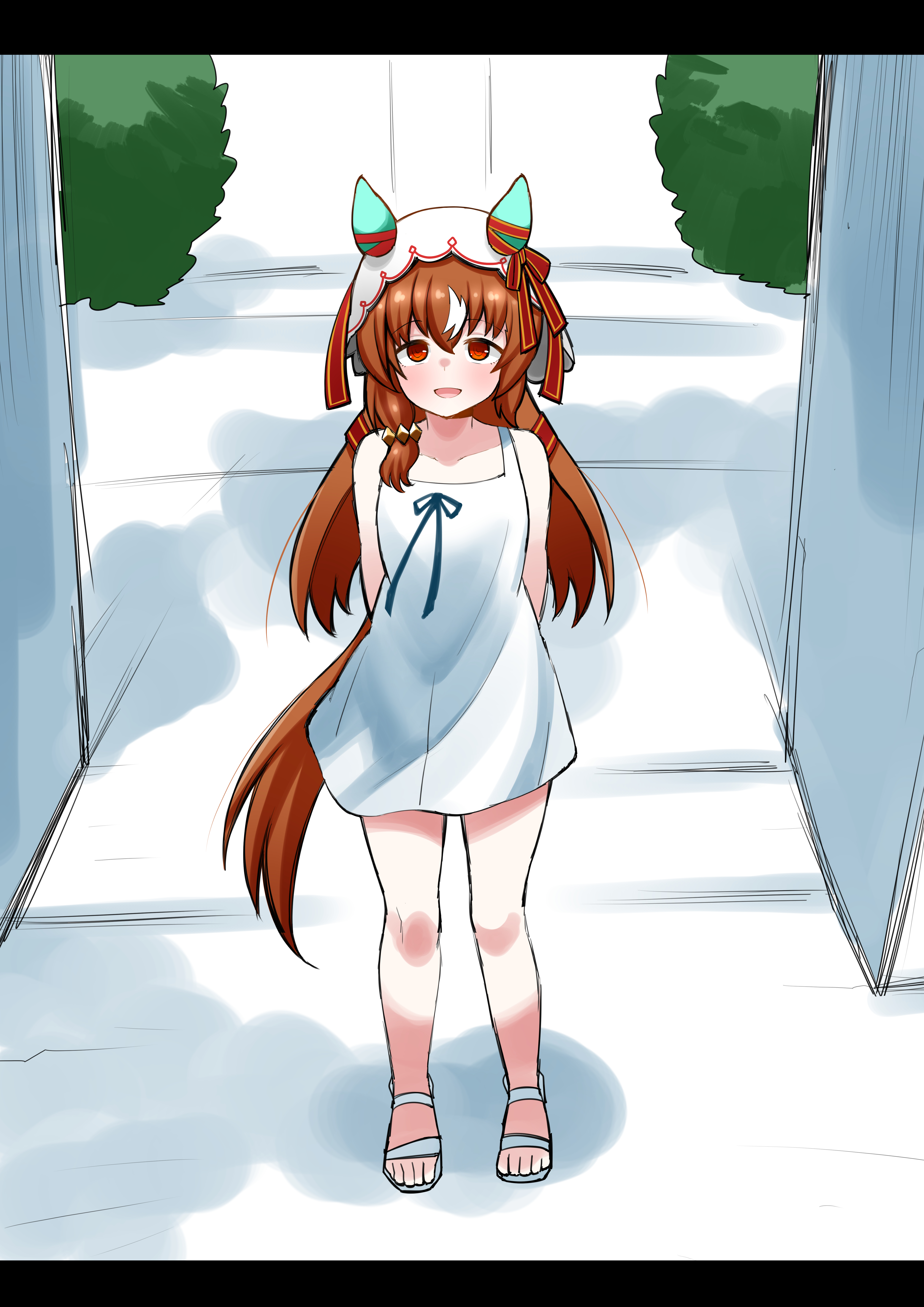 aramori susumu, still in love (umamusume), saya no uta, umamusume, absurdres, commentary, highres, 1girl, alternate costume, animal ears, arms behind back, blush, breasts, brown hair, collarbone, dress, hair between eyes, hair ornament, horse ears, horse girl, horse tail, long hair, looking at viewer, open mouth, parody, red eyes, sandals, small breasts, solo, tail, veil, white dress
