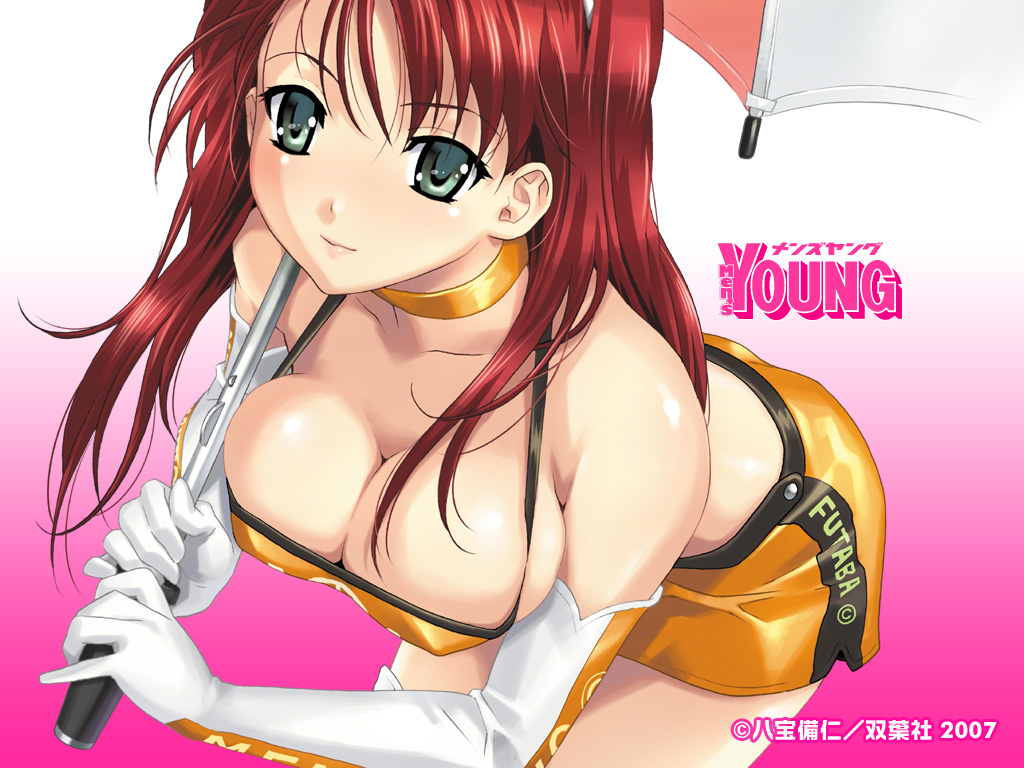 happoubi jin, men's young, 00s, 1girl, 2007, blush, boots, breasts, choker, cleavage, downblouse, elbow gloves, female focus, gloves, green eyes, large breasts, leaning forward, long hair, midriff, miniskirt, race queen, red hair, skirt, solo, thigh boots, thighhighs, umbrella