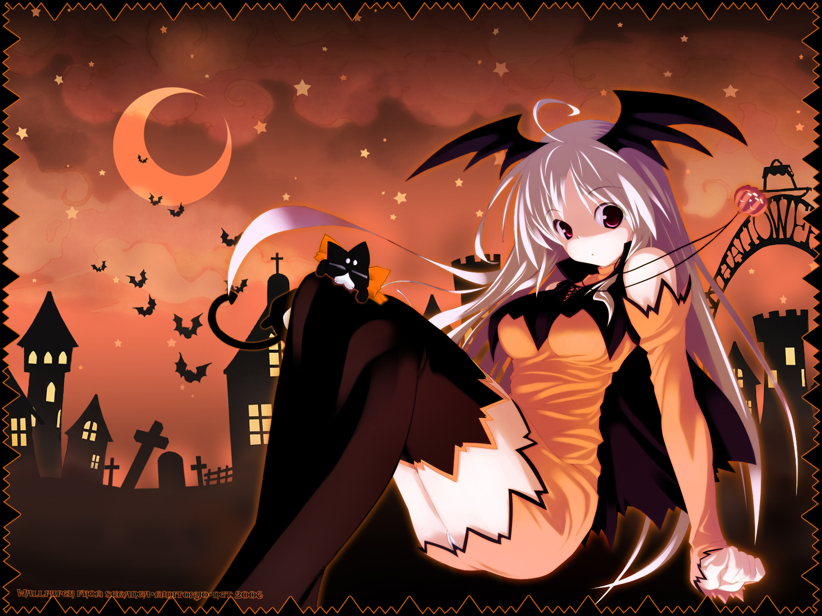 highres, halloween, long hair, panties, skirt, thighhighs, underwear, wings