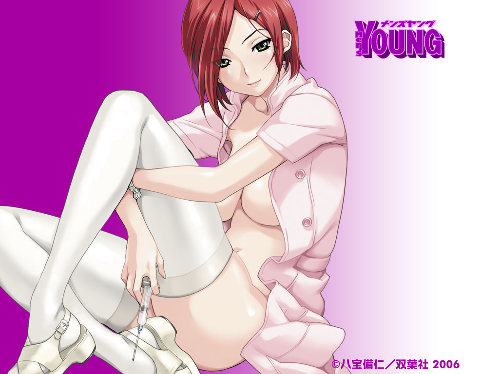happoubi jin, blush, breasts, nurse, open clothes, open shirt, shirt, short hair, thighhighs