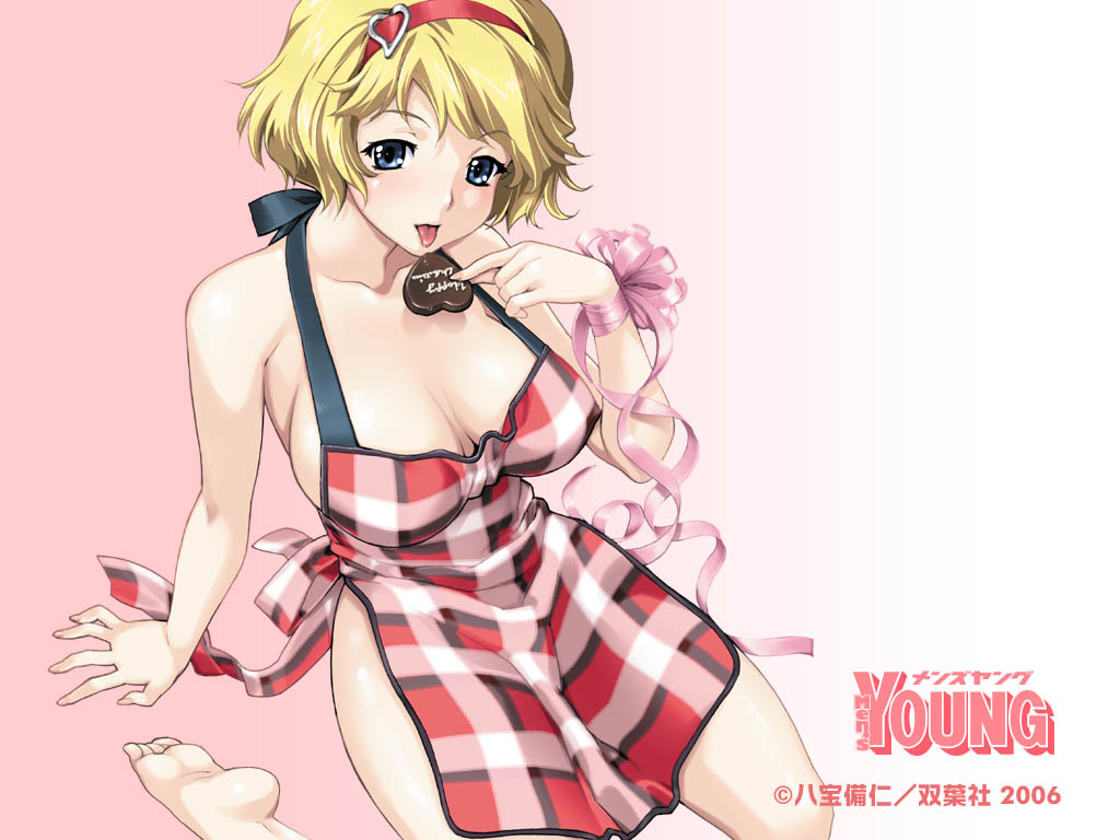 happoubi jin, men's young, 1girl, :p, apron, blonde hair, blue eyes, blush, breasts, chocolate, female focus, food, heart, naked apron, short hair, solo, tongue, tongue out