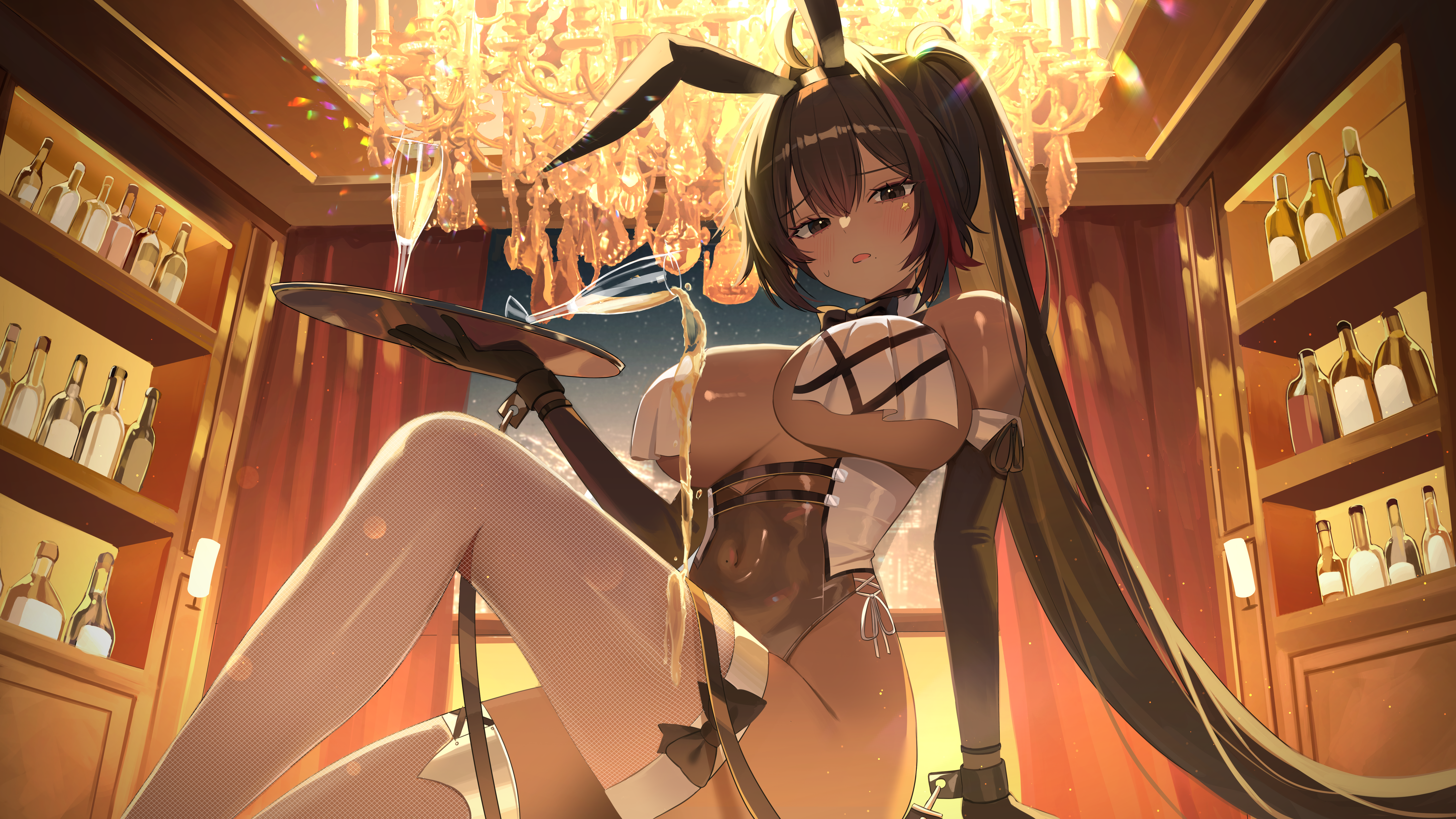 nannung, bay (nikke), bay (radiant rabbit) (nikke), goddess of victory: nikke, absurdres, commentary, highres, 1girl, alcohol, animal ears, bare shoulders, black gloves, black hair, blush, bottle, breasts, champagne, champagne flute, chandelier, covered navel, cup, drinking glass, elbow gloves, fake animal ears, gloves, highleg, highleg leotard, holding, indoors, large breasts, leotard, long hair, looking at viewer, multicolored hair, official alternate costume, parted lips, playboy bunny, rabbit ears, red hair, sitting, solo, streaked hair, thighhighs, thighs, white thighhighs