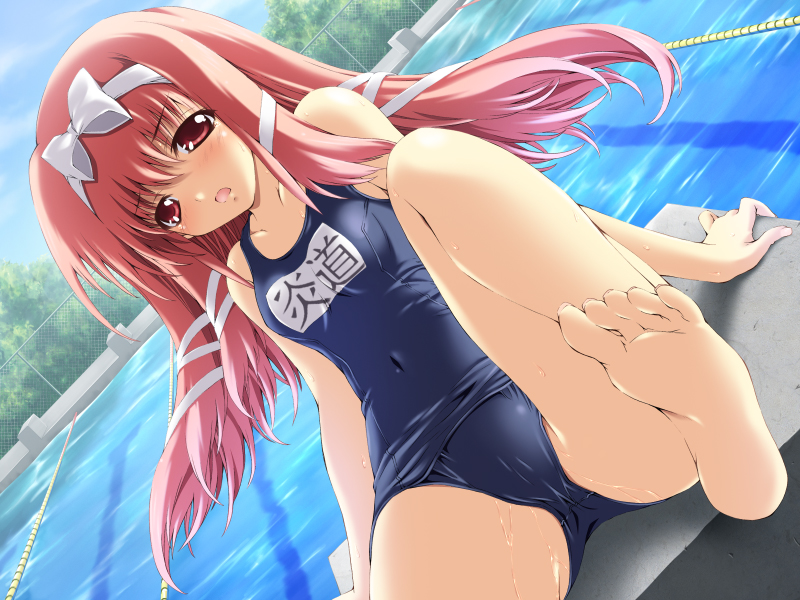mitsuki mantarou, endou ifrina, figu@mate, game cg, 1girl, bare legs, barefoot, blush, dutch angle, feet, female focus, hair ribbon, long hair, name tag, one-piece swimsuit, pink hair, red eyes, red hair, ribbon, school swimsuit, sitting, soles, solo, swimsuit, wet