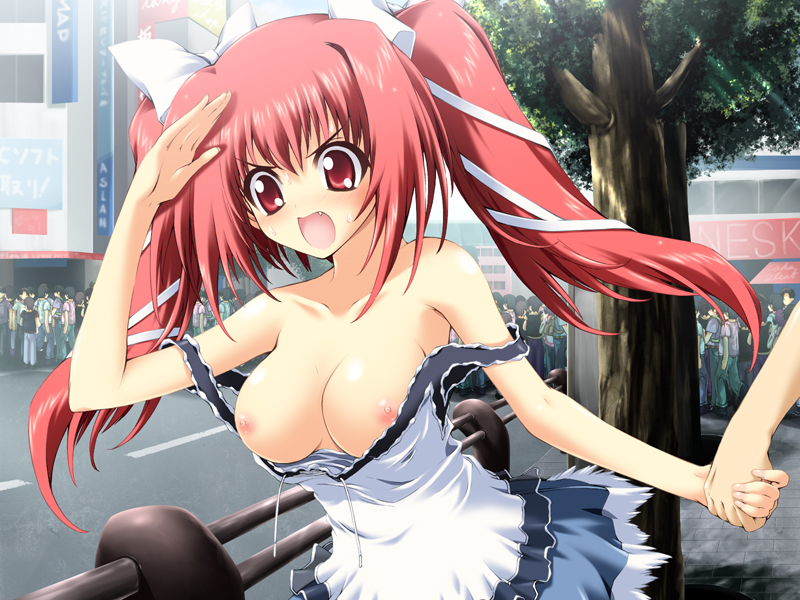 mitsuki mantarou, endou ifrina, figu@mate, game cg, 1girl, breasts, city, cleavage, dress, fang, hair ribbon, holding hands, long hair, male hand, nipples, open mouth, pink hair, red eyes, red hair, ribbon, solo focus, twintails, wardrobe malfunction