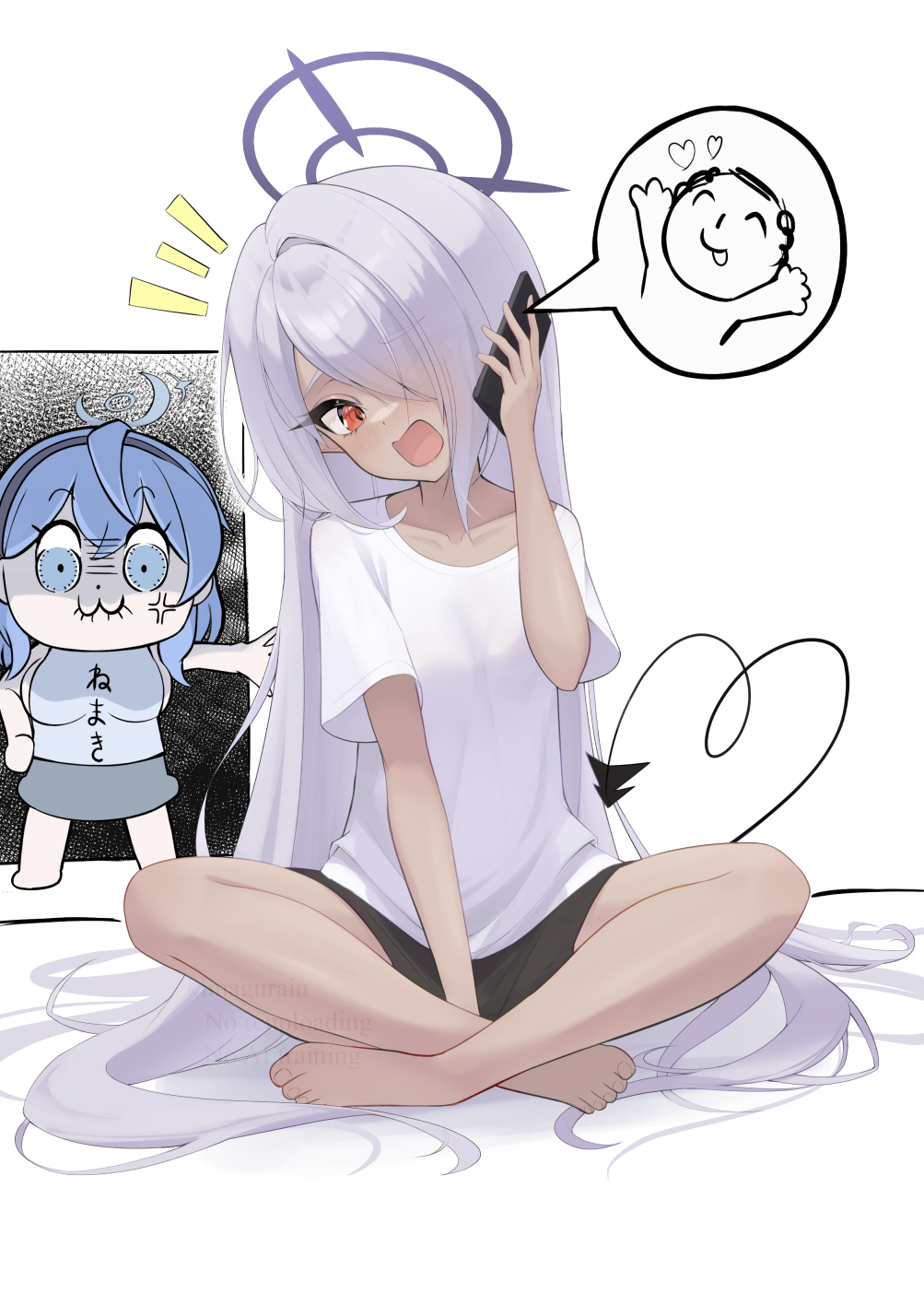 kimagurain, ako (blue archive), doodle sensei (blue archive), iori (blue archive), sensei (blue archive), blue archive, poptepipic, commentary request, highres, 2girls, :3, alternate costume, alternate hairstyle, anger vein, barefoot, between legs, black hairband, blue eyes, blue hair, blue halo, blush, casual, cellphone, chibi, chibi inset, collarbone, dark-skinned female, dark skin, demon girl, demon tail, full body, grey hair, hair down, hair over one eye, hairband, halo, hand between legs, hand up, head tilt, heart, heart tail, holding, holding phone, indian style, long bangs, long hair, medium hair, multiple girls, notice lines, one eye covered, open mouth, parody, phone, purple halo, red eyes, shirt, short sleeves, simple background, single hair intake, sitting, smartphone, solo focus, speech bubble, spoken character, straight hair, t-shirt, tail, talking on phone, tsurime, very long hair, watermark, white background, white shirt