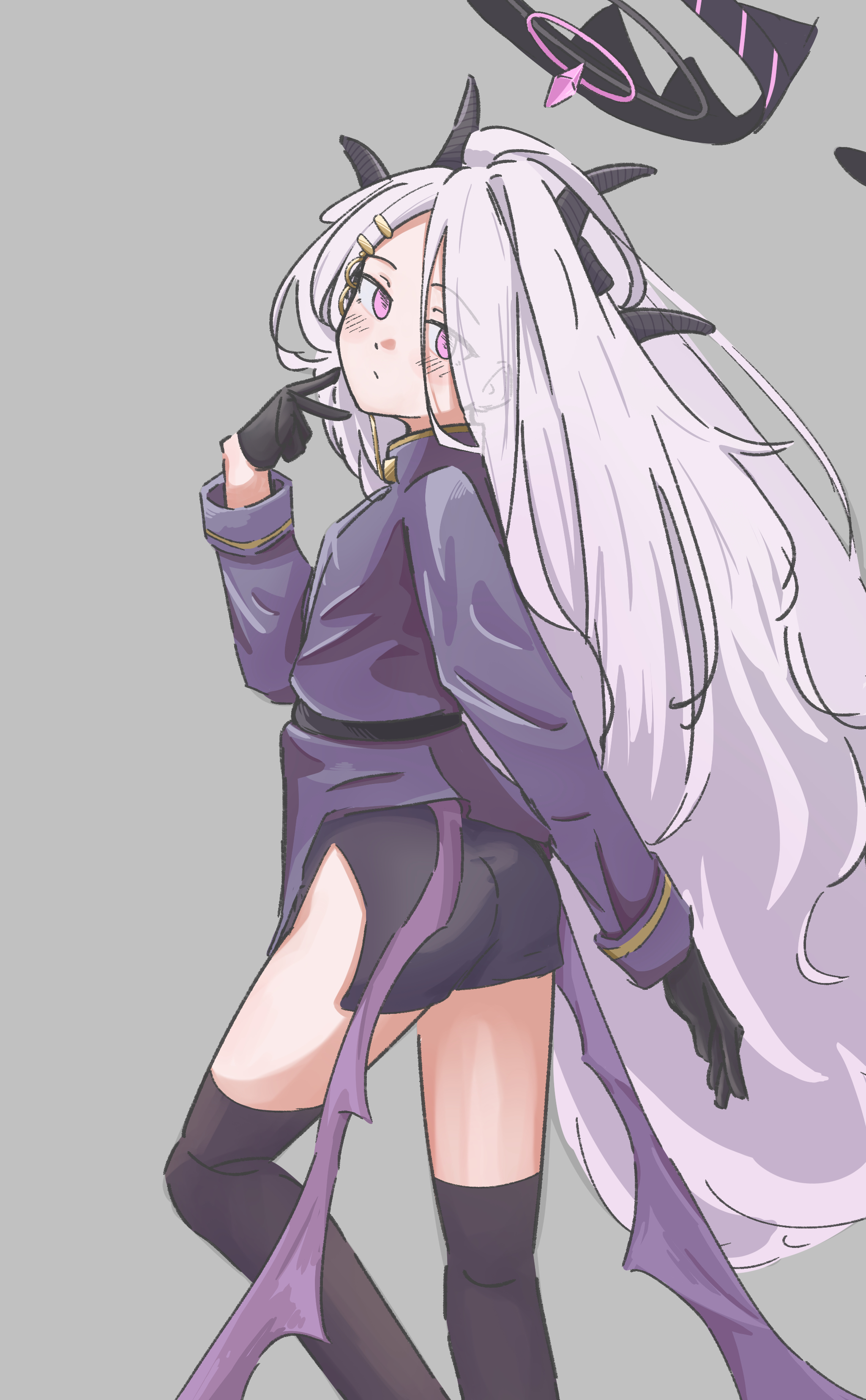 hina (blue archive), blue archive, absurdres, highres, 1girl, ahoge, black halo, black skirt, breasts, demon girl, demon horns, demon wings, halo, horns, long hair, looking at viewer, sahinaro, simple background, skirt, small breasts, solo, very long hair, white hair, wings