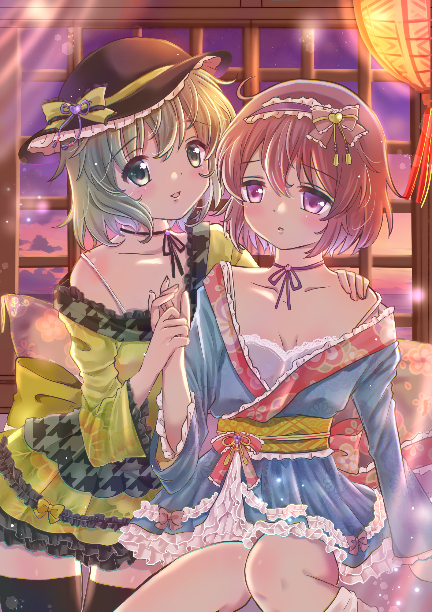 komeiji koishi, komeiji satori, touhou, commentary request, highres, 2girls, :d, adapted costume, bare shoulders, blue dress, bow, breasts, cleavage, collarbone, dot nose, dress, frilled hairband, frills, gradient sky, green eyes, green hair, hair bow, hairband, hat, indoors, kneehighs, knees together feet apart, light blush, looking at another, medium breasts, momorika, multiple girls, off-shoulder dress, off shoulder, open mouth, parted lips, pink eyes, pink hair, short hair, siblings, sisters, sitting, sky, smile, socks, tareme, twilight, window, yellow dress