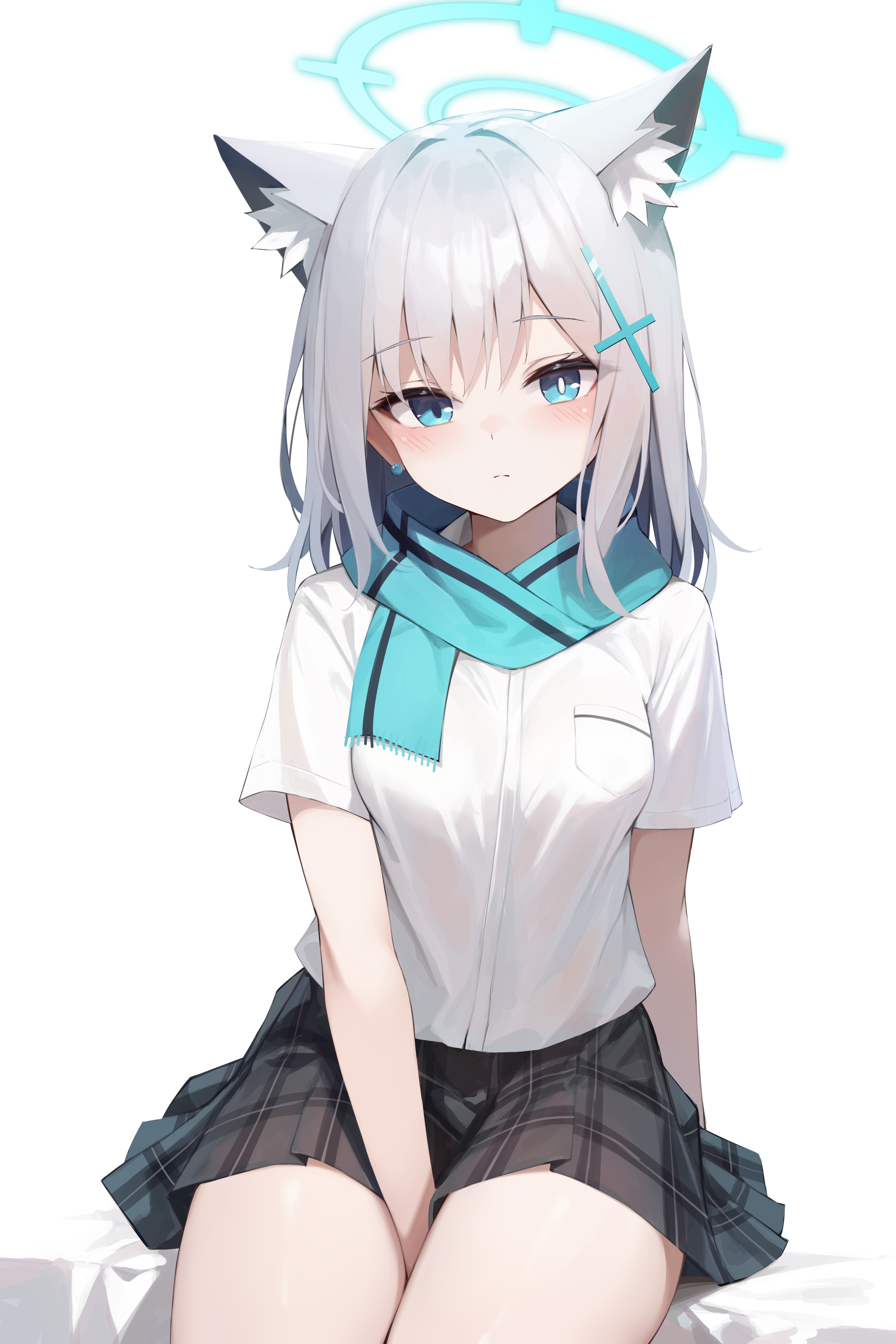 tateishi kureha, shiroko (blue archive), blue archive, absurdres, highres, 1girl, animal ear fluff, animal ears, between legs, black skirt, blue eyes, blue halo, blue scarf, blush, closed mouth, cross hair ornament, earrings, extra ears, grey hair, hair ornament, halo, hand between legs, jewelry, long hair, looking at viewer, plaid clothes, plaid skirt, scarf, shirt, sitting, skirt, solo, stud earrings, white shirt, wolf ears, wolf girl