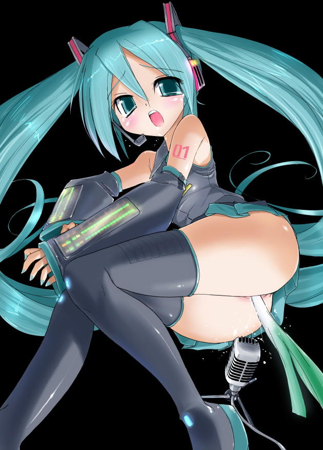 chocomark, hatsune miku, vocaloid, vocaloid2, 1girl, aqua hair, black background, black thighhighs, blouse, blush, boots, collared shirt, female focus, grey shirt, hair between eyes, knees together feet apart, long hair, microphone, necktie, negi suppository, no panties, object insertion, pussy, shirt, shoulder tattoo, skirt, sleeveless, sleeveless shirt, solo, spring onion, tattoo, thigh boots, thighhighs, twintails, vaginal, very long hair