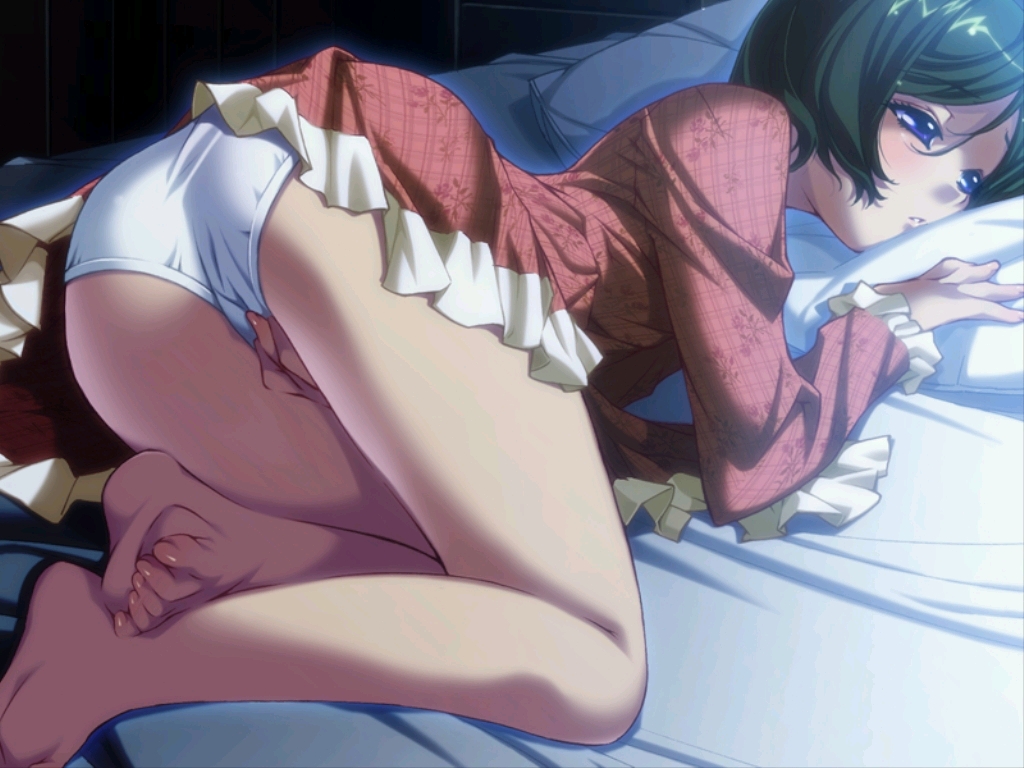 ino (magloid), kurasawa tamaki, izayoi no hanayome, game cg, 1girl, ass, barefoot, bed, blush, feet, female focus, female masturbation, masturbation, panties, short hair, skirt, soles, solo, through panties, toe scrunch, toes, top-down bottom-up, underwear