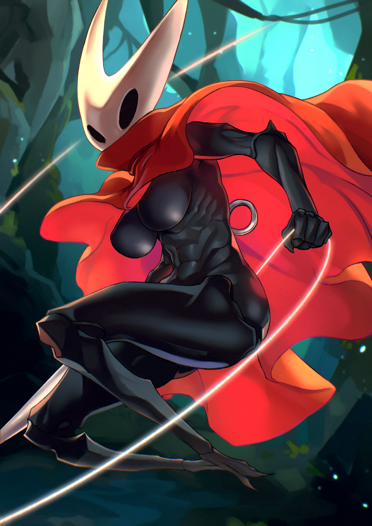 tresmarrow, hornet (hollow knight), hollow knight, hollow knight: silksong, highres, abs, arthropod girl, black skin, bug, cloak, colored skin, exoskeleton, forest, holding, holding weapon, hollow eyes, horns, jumping, mask, nature, red cloak, shiny skin, thread, toned, weapon