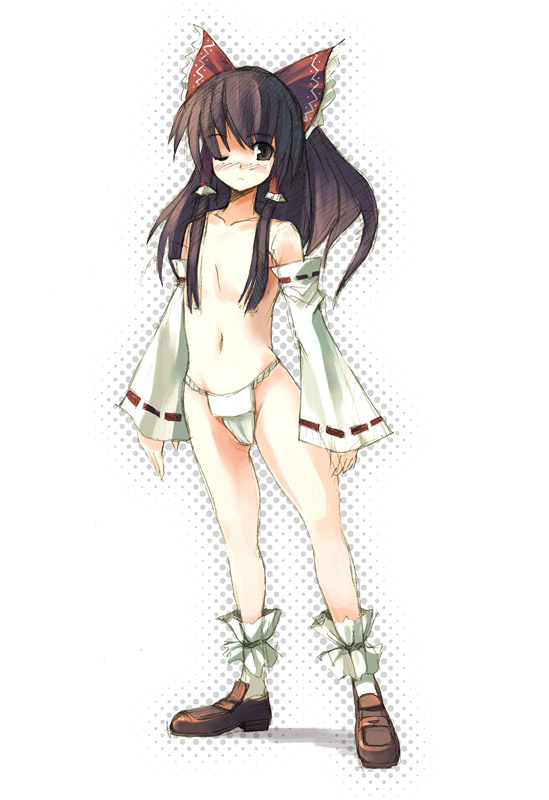 seo tatsuya, hakurei reimu, touhou, 1girl, ankle cuffs, blush, bow, brown eyes, brown hair, brown shoes, collarbone, detached sleeves, female focus, flat chest, full body, fundoshi, hair bow, hair ribbon, hair tubes, japanese clothes, long hair, looking at viewer, navel, one eye closed, panties, ribbon, shoes, simple background, solo, standing, topless female, underwear, white background
