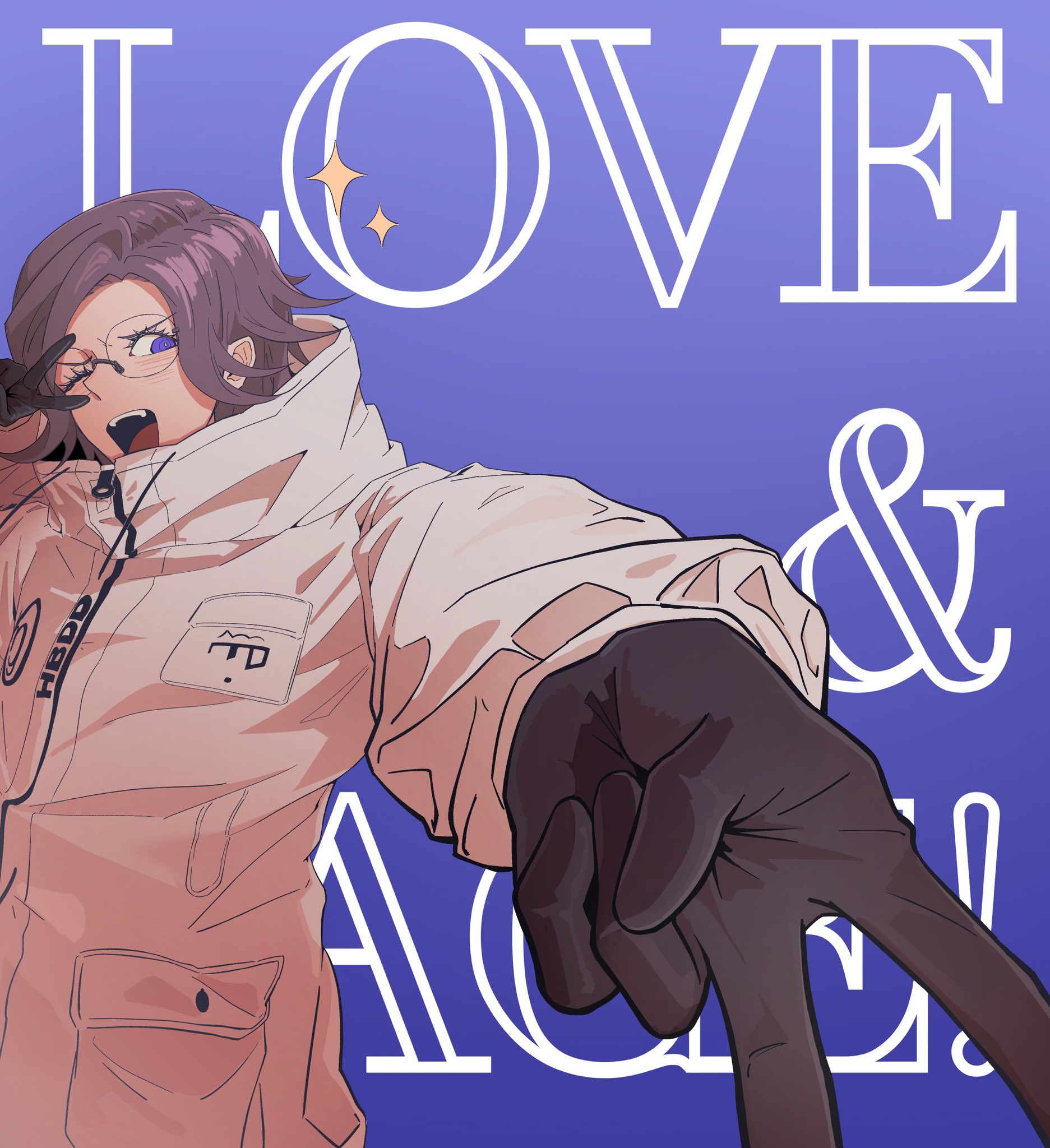 aotsuki eito, the hundred line -last defense academy-, commentary, highres, symbol-only commentary, 1boy, :d, aestro 111, black gloves, blue background, breast pocket, catchphrase, double v, drawstring, english text, glasses, gloves, gradient background, grey hair, jacket, looking at viewer, male focus, one eye closed, open mouth, outstretched arm, pocket, purple eyes, short hair, smile, solo, sparkle, teeth, upper body, upper teeth only, v, v over eye, white jacket, zipper pull tab