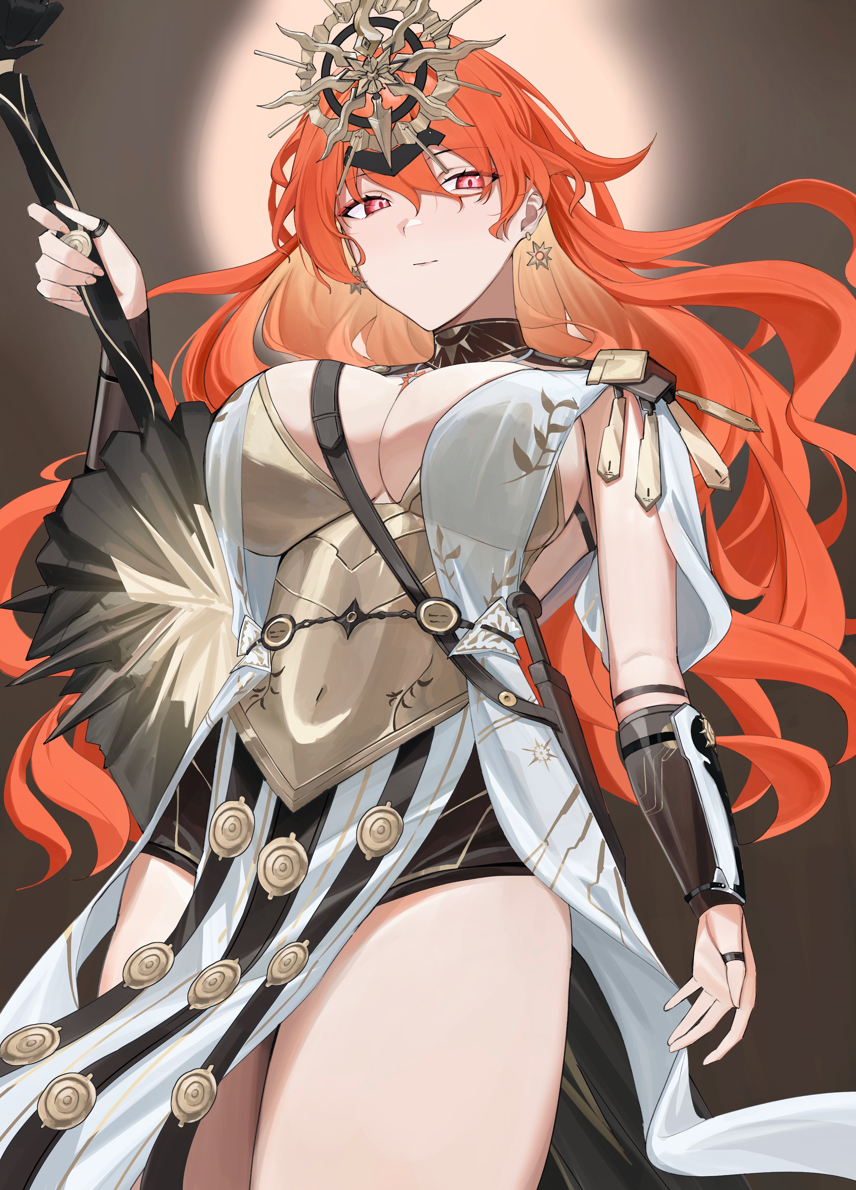 ref (pmxt4483), augusta (wuthering waves), wuthering waves, absurdres, commentary, highres, 1girl, alternate breast size (larger), arm armor, armor, black collar, breastplate, breasts, closed mouth, collar, colored inner hair, earrings, greatsword, hair between eyes, headgear, holding, holding sword, holding weapon, jewelry, large breasts, long hair, looking at viewer, multicolored hair, orange hair, red eyes, solo, sun earrings, sword, thighs, weapon