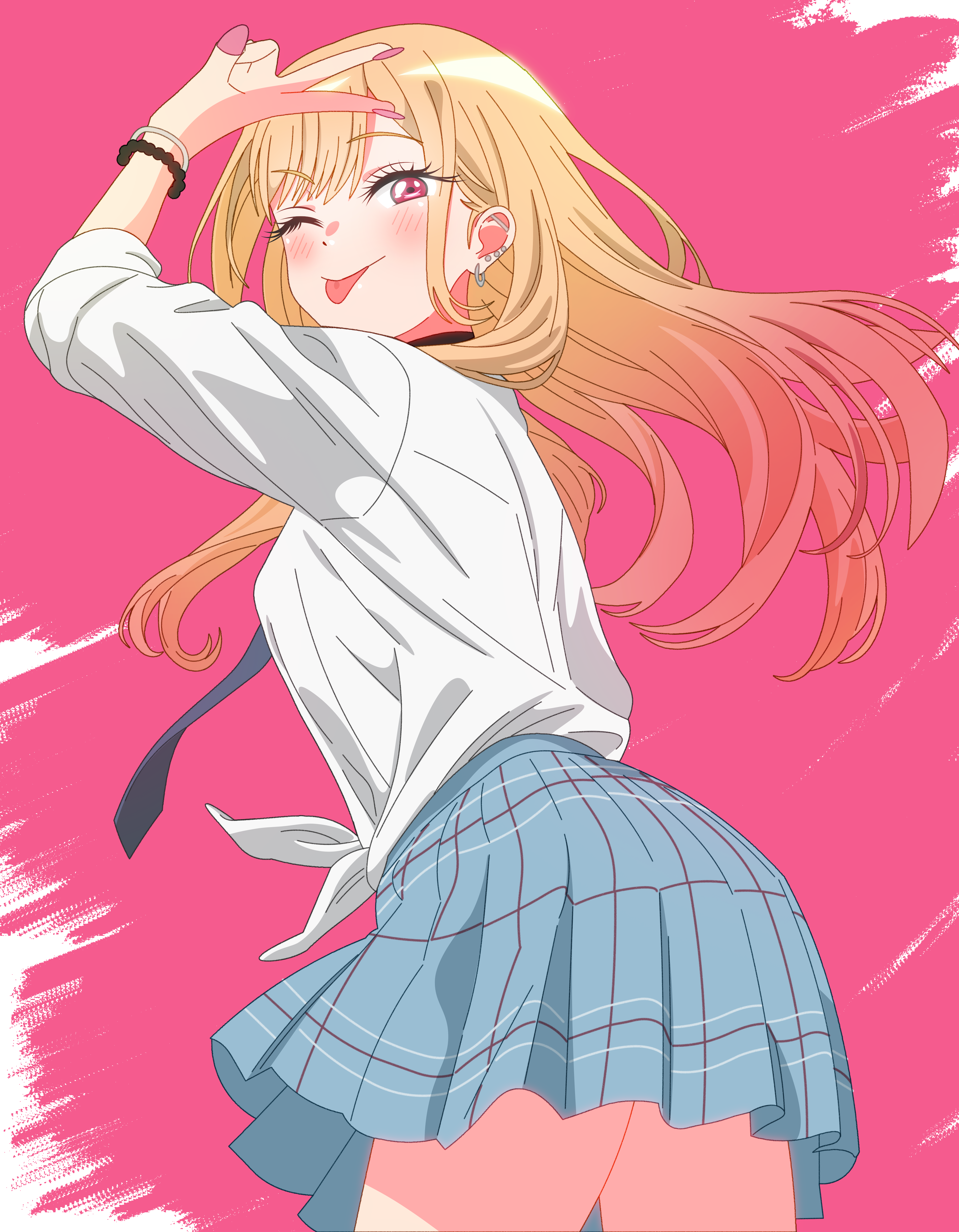 shinonome sakura, kitagawa marin, sono bisque doll wa koi wo suru, absurdres, commentary request, highres, 1girl, ;p, arm up, barbell piercing, black choker, blonde hair, blue skirt, bracelet, choker, ear piercing, earrings, floating hair, gyaru, jewelry, looking at viewer, miniskirt, one eye closed, piercing, pink background, plaid clothes, plaid skirt, red eyes, school uniform, serafuku, shirt, shirt tucked in, skirt, solo, tied shirt, tongue, tongue out, v, white shirt