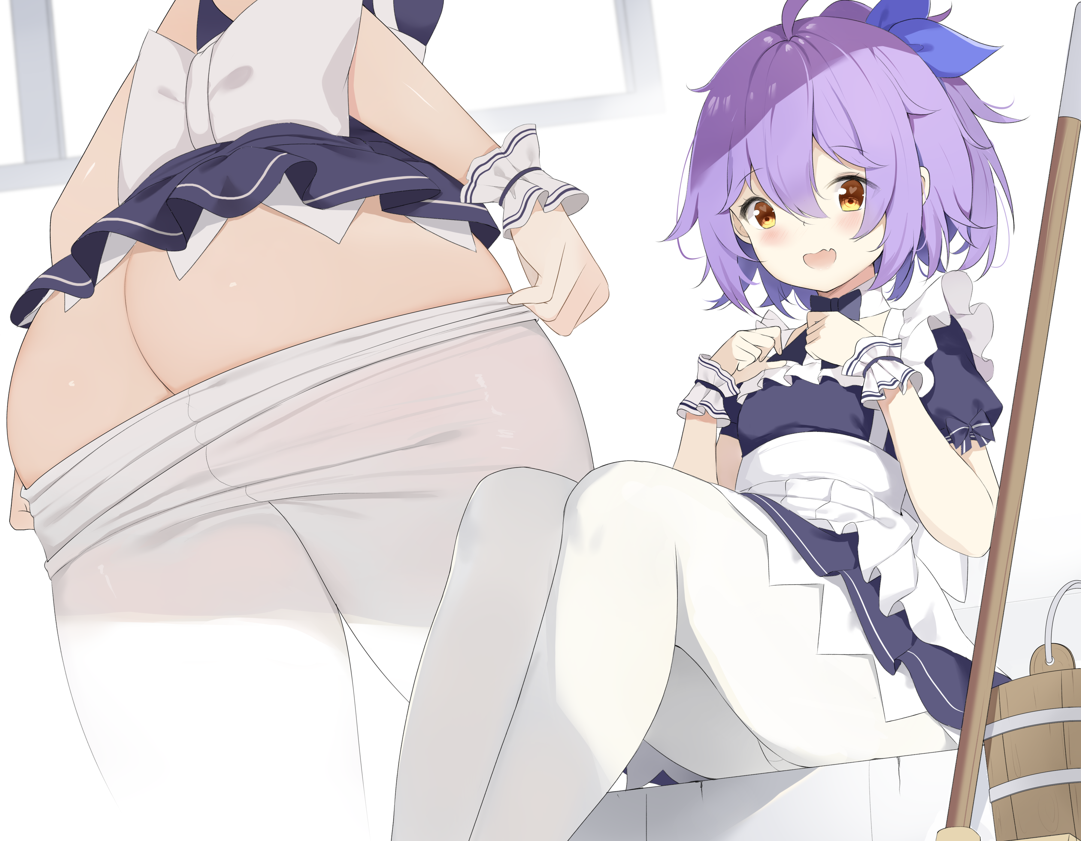 chintora0201, original, absurdres, highres, 1girl, ahoge, alternate costume, apron, ass, blue ribbon, blush, bow, clothes pull, dress, hair between eyes, looking at viewer, maid, multiple views, open mouth, pantyhose, pantyhose pull, puffy short sleeves, puffy sleeves, purple hair, ribbon, short sleeves, sitting, undressing, white pantyhose, wrist cuffs, yellow eyes