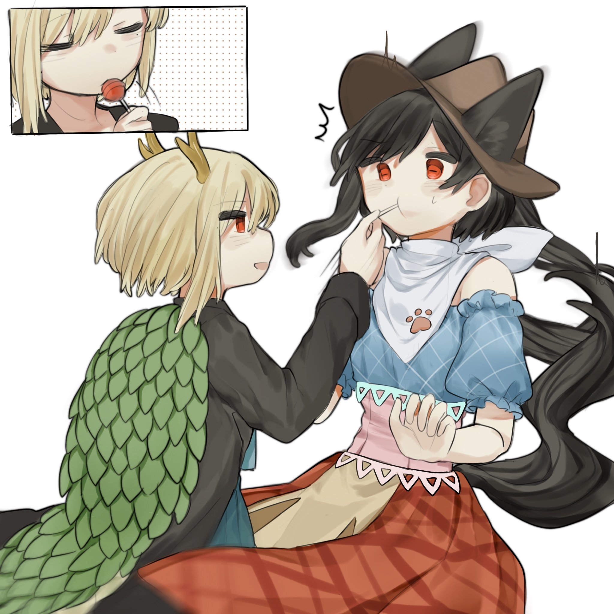 yuejinlin, kicchou yachie, kurokoma saki, touhou, commentary request, highres, 2girls, animal ears, antlers, bandana, black coat, black hair, blonde hair, brown hat, coat, cowboy hat, dragon tail, ears through headwear, green skirt, halloween, hat, horns, horse ears, horse tail, lollipop in mouth, long hair, long sleeves, looking at another, multiple girls, off-shoulder shirt, off shoulder, red eyes, shirt, short sleeves, simple background, skirt, tail, white background, white bandana