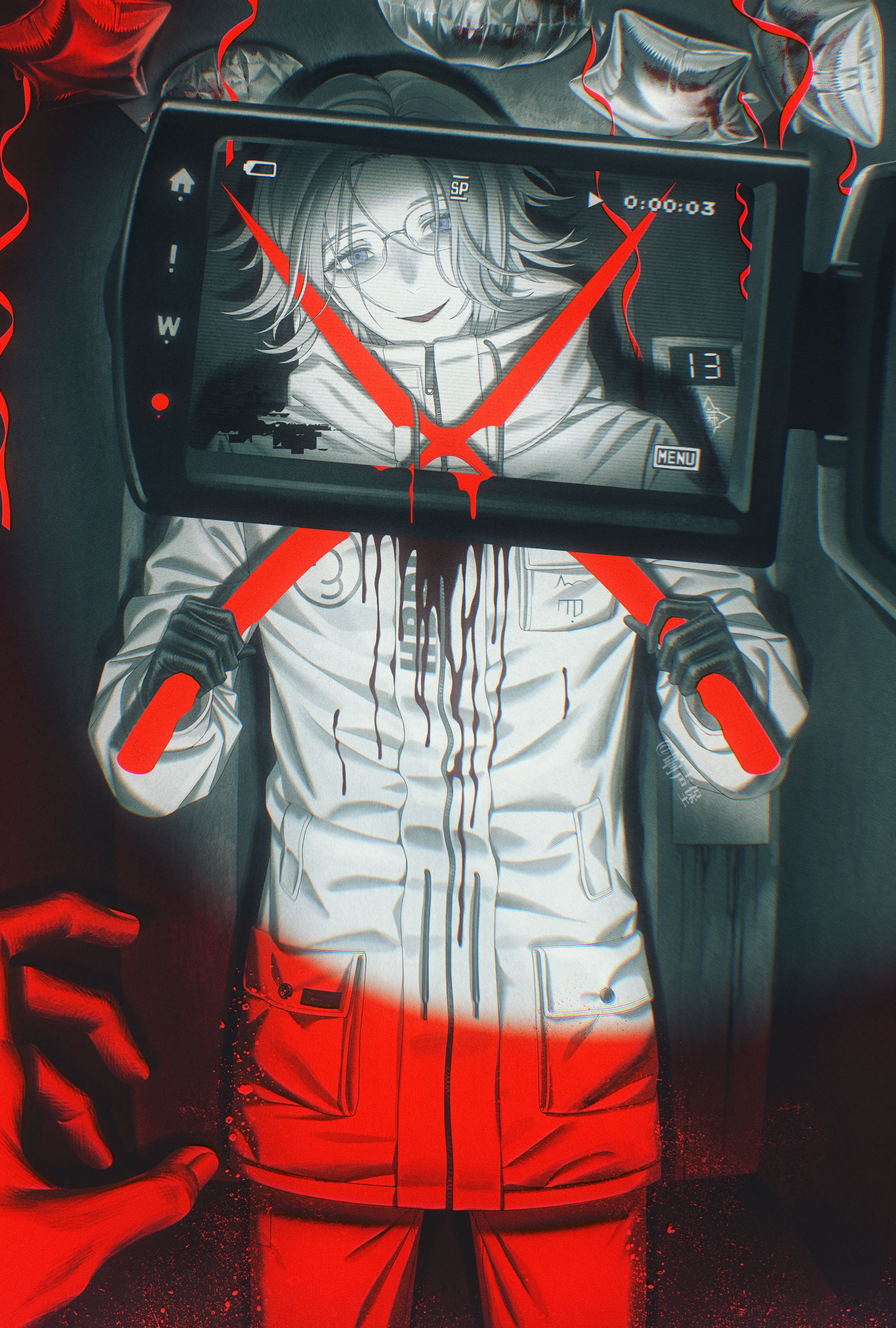 7nite, aotsuki eito, the hundred line -last defense academy-, absurdres, chinese commentary, commentary, english commentary, highres, mixed-language commentary, 1boy, 1other, balloon, black gloves, blood, blood on clothes, breast pocket, cowboy shot, glasses, gloves, grey hair, head tilt, holding, holding scissors, implied suicide, jacket, looking at viewer, male focus, pocket, pov, pov hands, purple eyes, recording, scissors, short hair, smile, solo focus, video camera, white jacket