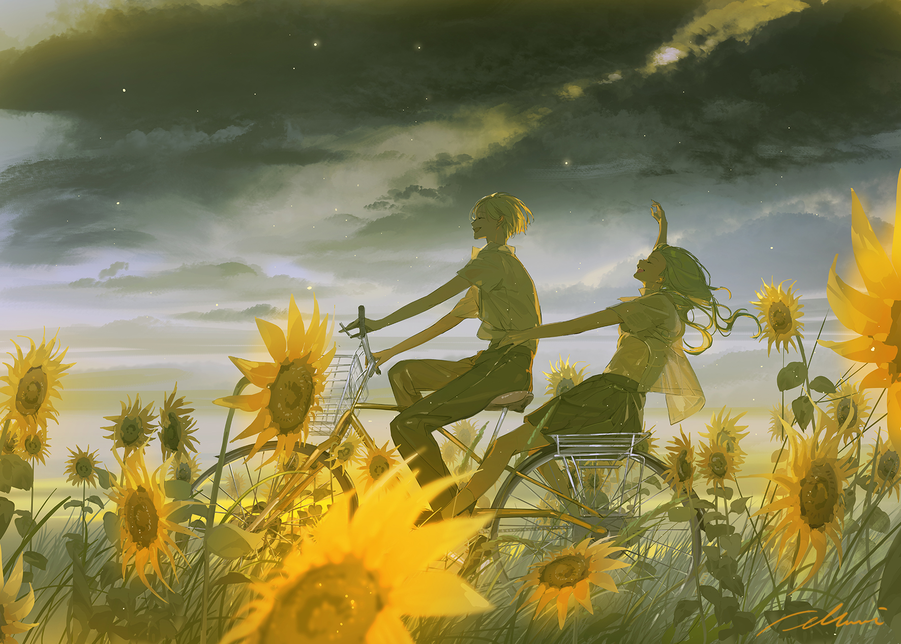 illumi999, original, highres, 1boy, arm around waist, arm up, bicycle, bicycle basket, cloud, collared shirt, floating hair, flower, from side, green hair, hand on another's waist, long hair, multiple riders, open mouth, outdoors, pants, profile, riding, riding bicycle, shirt, short hair, short sleeves, sidesaddle, skirt, sky, sunflower, white shirt, yellow flower