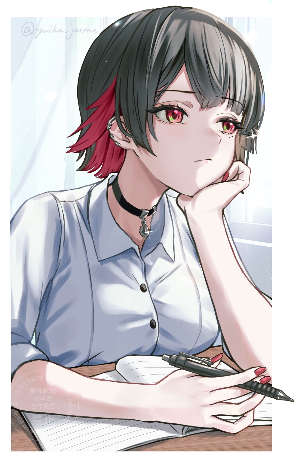 janome yuiwa, ellen joe, ellen joe (on campus), zenless zone zero, commentary request, highres, 1girl, :/, arm on table, black choker, black hair, book, breasts, buttons, choker, classroom, closed mouth, collared shirt, day, desk, earclip, elbow on table, fingernails, glint, hair ornament, hairclip, hand on own chin, head rest, holding, holding pen, indoors, looking ahead, medium breasts, mole, mole under eye, multicolored hair, nail polish, official alternate costume, open book, pen, pendant choker, red eyes, red hair, red nails, school desk, school uniform, shirt, short hair, solo, sparkle, three-quarter sleeves, two-tone hair, upper body, watermark, white shirt, window