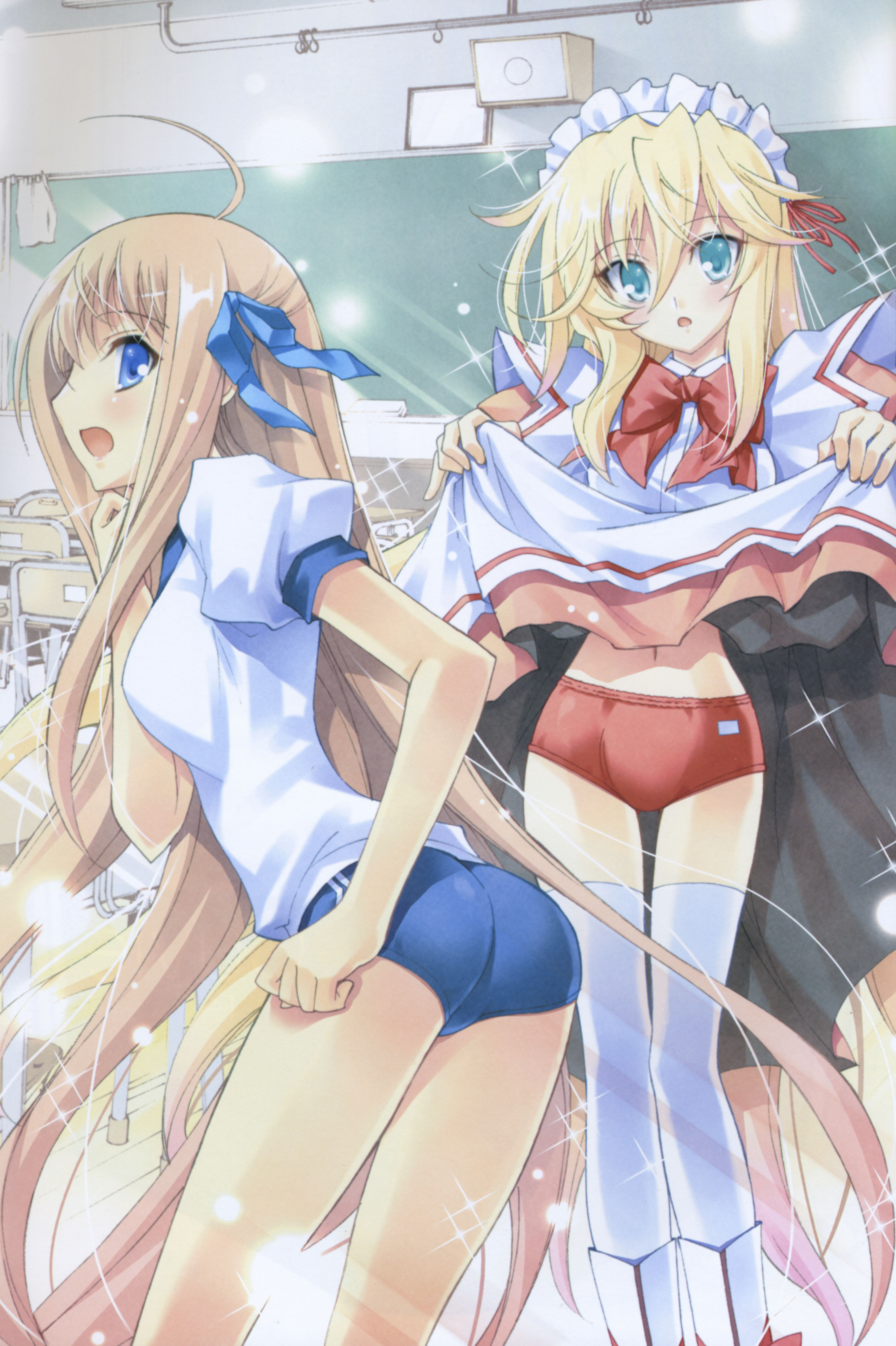 kaishaku, setsuna, setsuna (kyoushirou to towa no sora), shiratori kuu, kyoushirou to towa no sora, hand on thigh, absurdres, highres, official art, scan, 00s, 2girls, :o, ahoge, ankle boots, aqua eyes, ass, blonde hair, blue eyes, blush, board eraser, boots, bow, bowtie, brown hair, buruma, buruma under skirt, chair, chalkboard, classroom, clenched hand, clothes lift, desk, double vertical stripe, dress, dress lift, embarrassed, from behind, green eyes, gym uniform, hair between eyes, hair ribbon, head tilt, indoors, leaning forward, long hair, looking at viewer, looking back, maid, maid headdress, midriff, multiple girls, navel, orange hair, profile, ribbon, school, school desk, shirt, sidelocks, skirt, skirt lift, sparkle, standing, surprised, thigh gap, thighhighs, thighs, underwear, very long hair, white thighhighs, zettai ryouiki