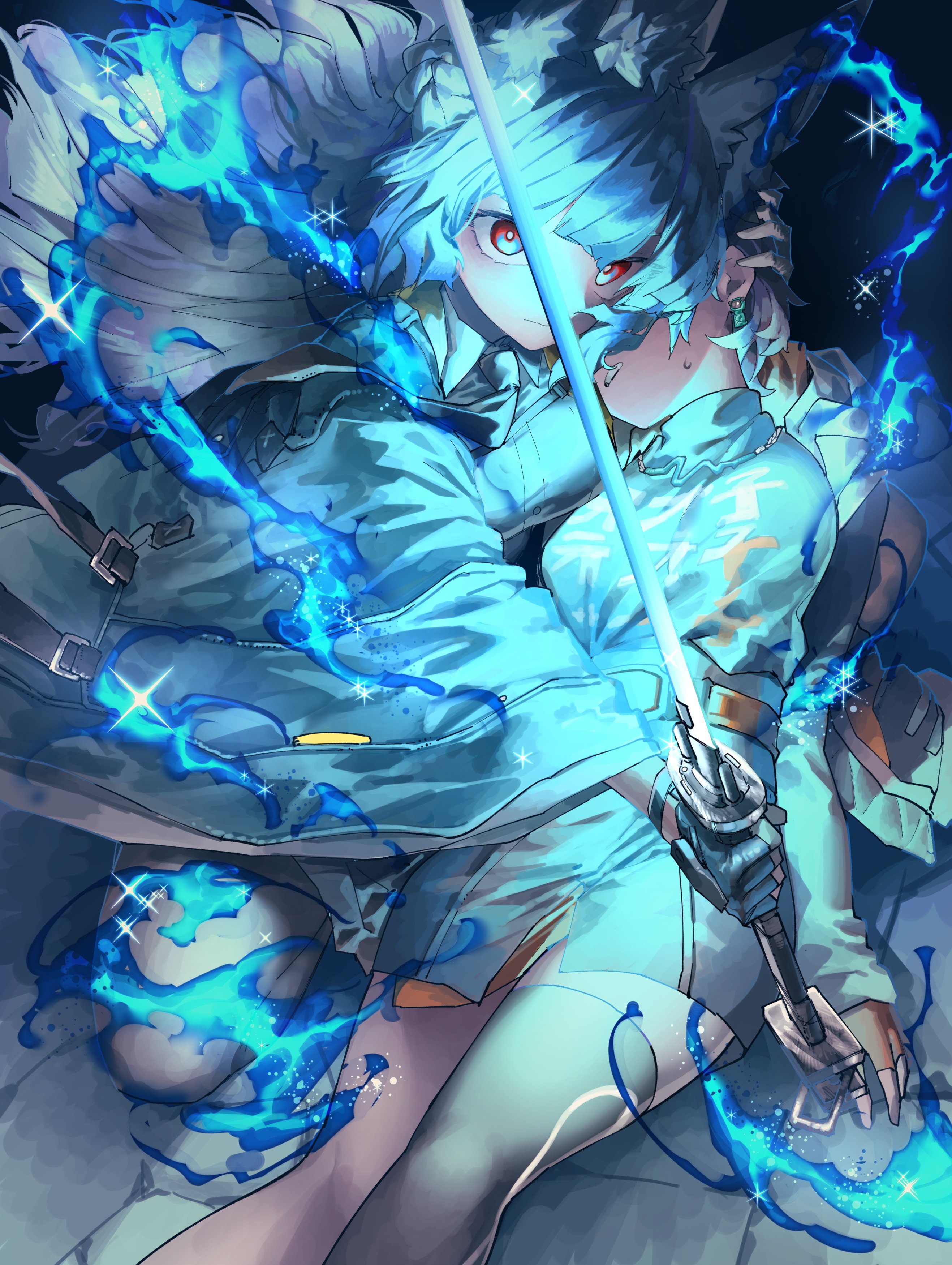 vivo (vivo sun 0222), belle (zenless zone zero), hoshimi miyabi, zenless zone zero, absurdres, highres, 2girls, animal ears, aqua jacket, black hair, black necktie, black shirt, blue background, blue hair, closed mouth, earrings, fingerless gloves, fox ears, fox girl, gloves, green jacket, hand on another's head, holding, holding sword, holding weapon, ice, jacket, jewelry, katana, light particles, long hair, multiple girls, necktie, orange gloves, orange shorts, red eyes, shirt, shorts, single thighhigh, sweat, sweatdrop, sword, thighhighs, weapon, white shirt