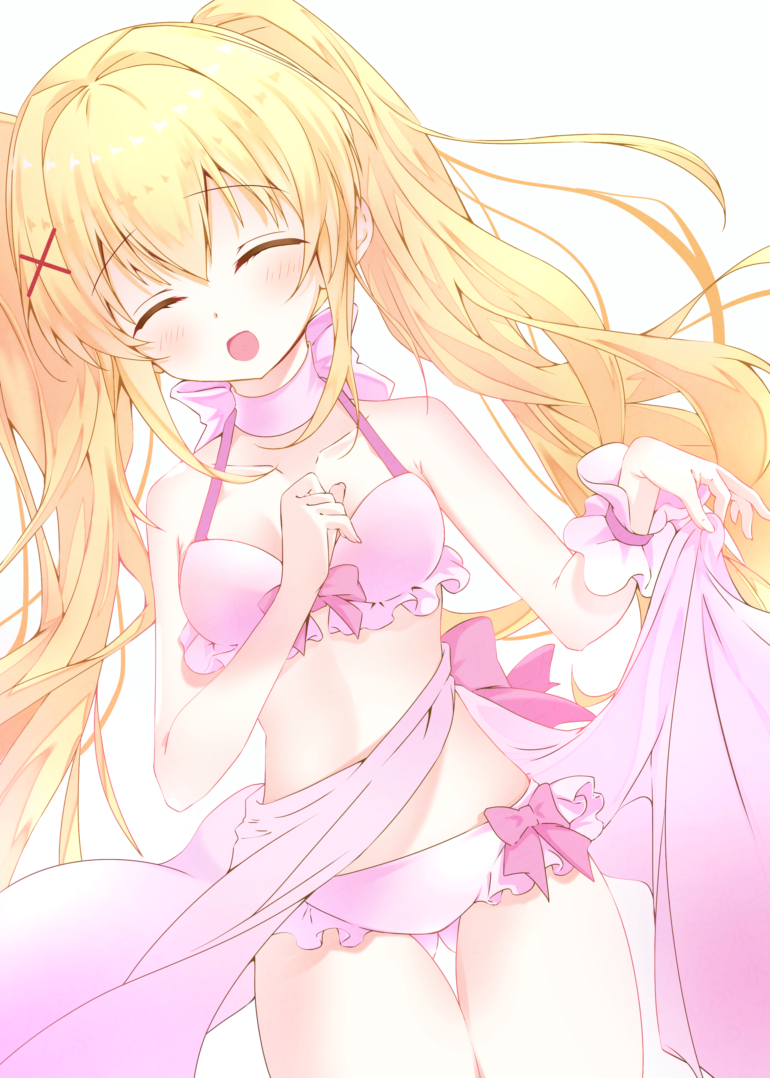sukonbu385, tsumugi wenders, summer pockets, absurdres, commentary, highres, 1girl, :d, ^ ^, alternate costume, armpit crease, back bow, bare shoulders, bikini, blonde hair, blush, bow, bow bikini, breasts, choker, clenched hand, closed eyes, collarbone, cowboy shot, dutch angle, facing viewer, floating hair, frilled bikini, frilled wrist cuffs, frills, gluteal fold, hair between eyes, hair intakes, hair ornament, halterneck, hands up, happy, long hair, open mouth, pink bikini, pink bow, pink choker, pink skirt, pink wrist cuffs, sidelocks, simple background, single wrist cuff, skirt, skirt hold, small breasts, smile, solo, swimsuit, thigh gap, thighs, twintails, very long hair, watermark, white background, wrist cuffs, x hair ornament
