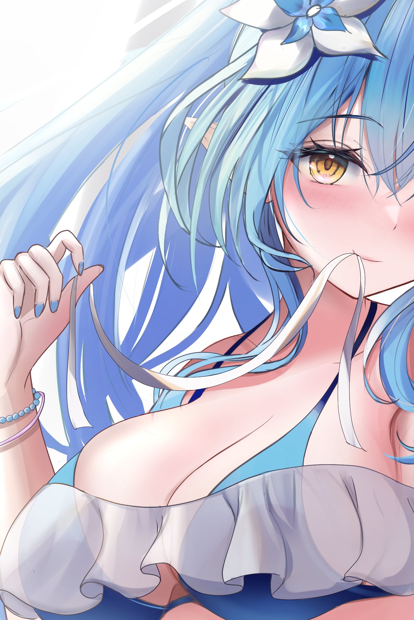 waniwani (wasabiwaniwani), yukihana lamy, hololive, highres, 1girl, bare shoulders, bikini, blue bikini, blue hair, blush, breasts, cleavage, elf, high ponytail, large breasts, long hair, mouth hold, pointy ears, ponytail, simple background, solo, swimsuit, upper body, virtual youtuber, white background, yellow eyes