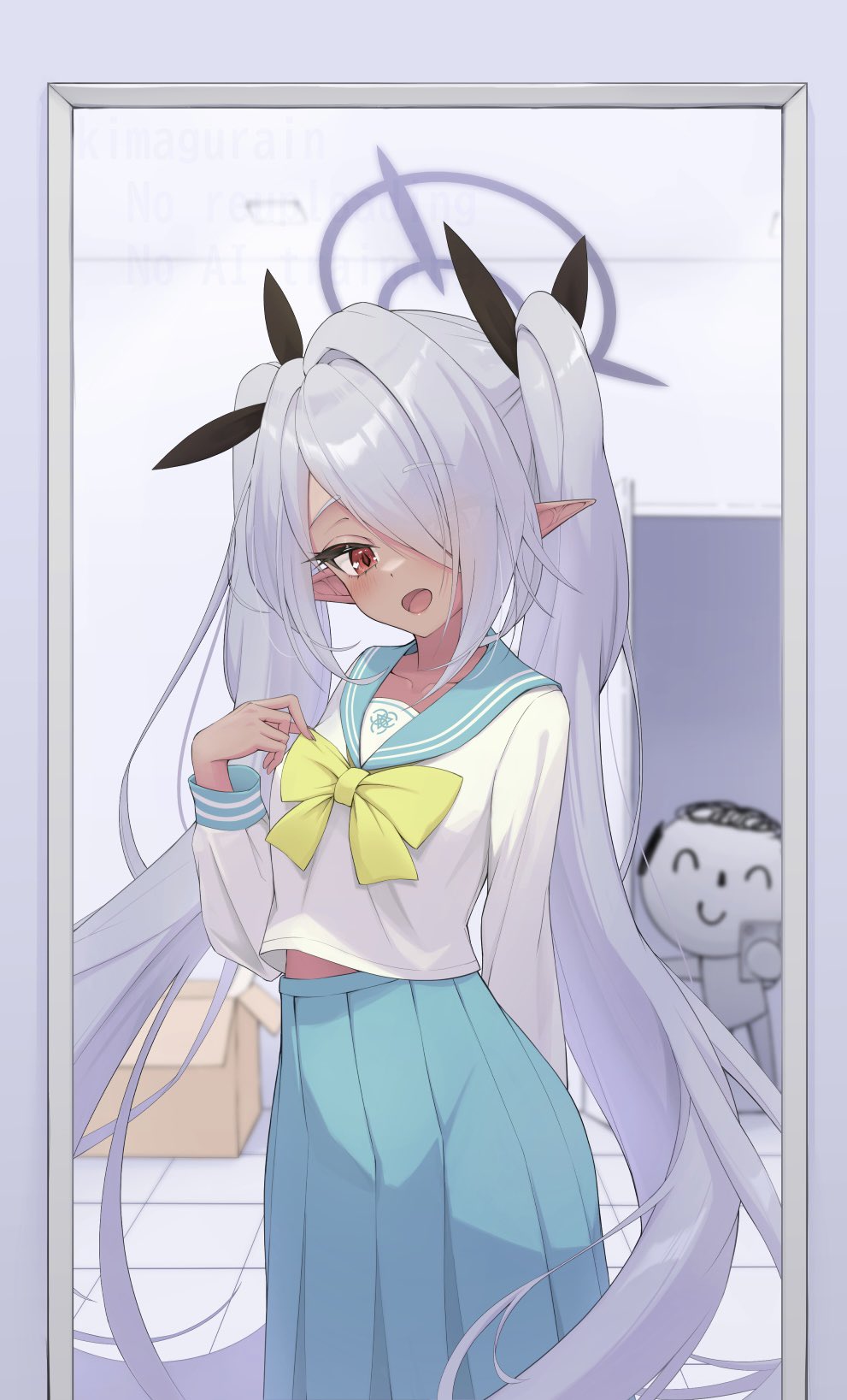 kimagurain, doodle sensei (blue archive), iori (blue archive), sensei (blue archive), blue archive, commentary request, highres, 1boy, 1girl, :d, adjusting bowtie, alternate costume, arm behind back, black ribbon, blue sailor collar, blue skirt, blurry, blurry background, blush, bow, bowtie, cowboy shot, dark-skinned female, dark skin, demon girl, eyelashes, full-length mirror, grey hair, hair intakes, hair over one eye, hair ribbon, halo, hand up, happy, indoors, long bangs, long hair, long skirt, looking at mirror, looking at viewer, midriff peek, mirror, one eye covered, open mouth, pleated skirt, pointy ears, purple halo, red eyes, ribbon, sailor collar, school uniform, serafuku, shirt, skirt, smile, solo focus, standing, taking picture, tile floor, tiles, tsurime, twintails, very long hair, watermark, white shirt, yellow bow, yellow bowtie