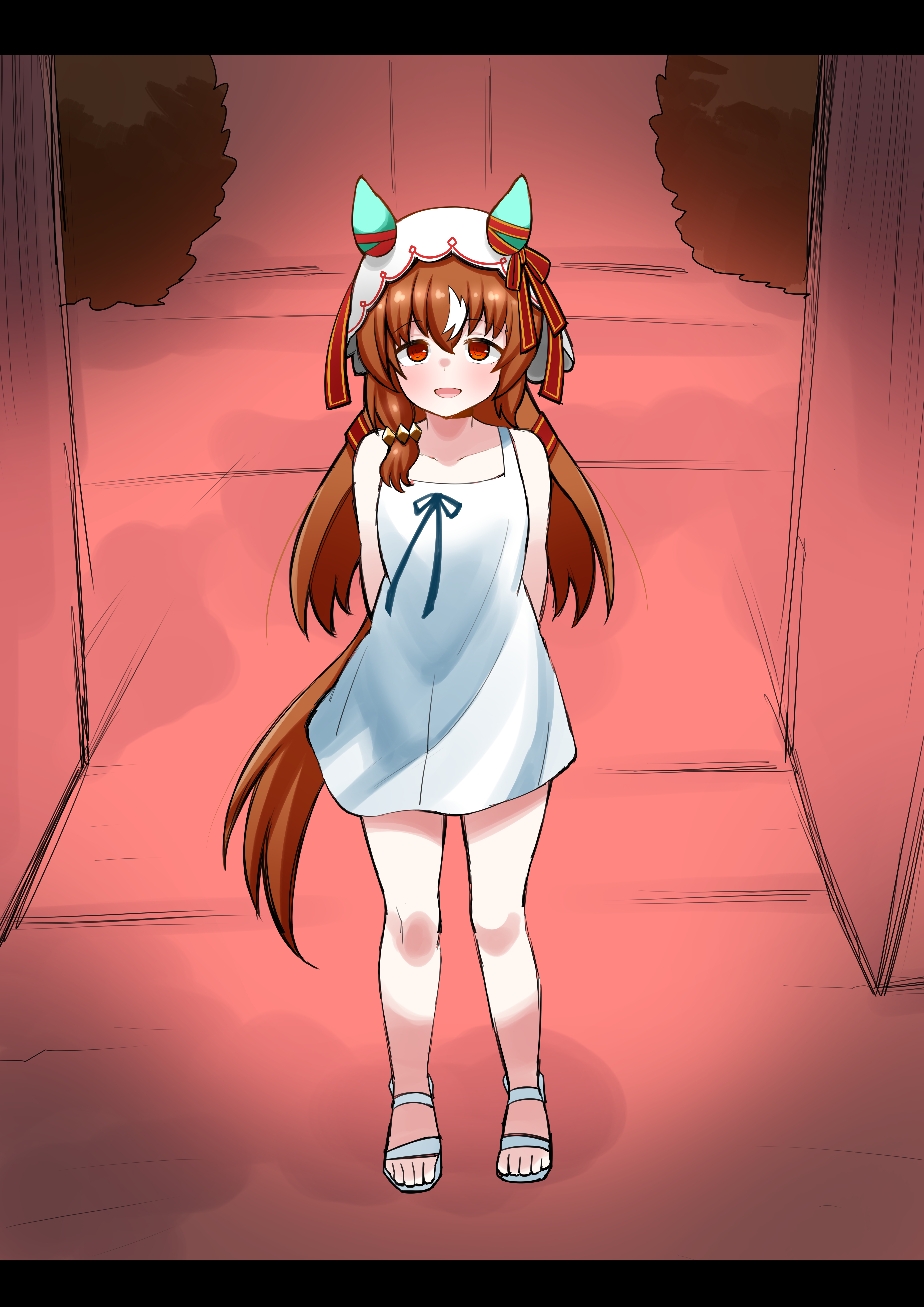 aramori susumu, still in love (umamusume), saya no uta, umamusume, absurdres, commentary, highres, 1girl, alternate costume, animal ears, arms behind back, blush, breasts, brown hair, collarbone, dress, hair between eyes, hair ornament, horse ears, horse girl, horse tail, long hair, looking at viewer, open mouth, parody, red eyes, sandals, small breasts, solo, standing, tail, veil, white dress