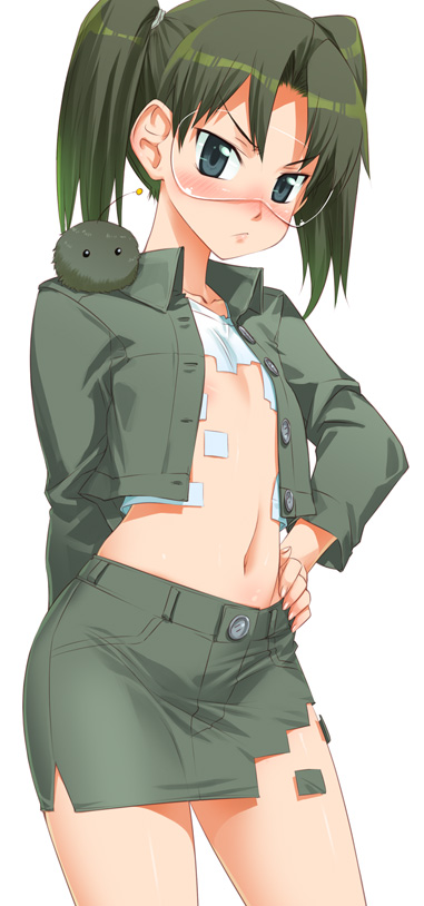 koume keito, amasawa yuuko, mojo (dennou coil), dennou coil, 00s, 1girl, areola slip, blue eyes, blush, brown hair, digital dissolve, false clothes, female focus, flat chest, glasses, green hair, hand on own hip, jacket, loli, looking at viewer, midriff, miniskirt, nipple slip, nipples, no bra, pencil skirt, short hair, simple background, skirt, solo, torn clothes, twintails, wardrobe malfunction, white background