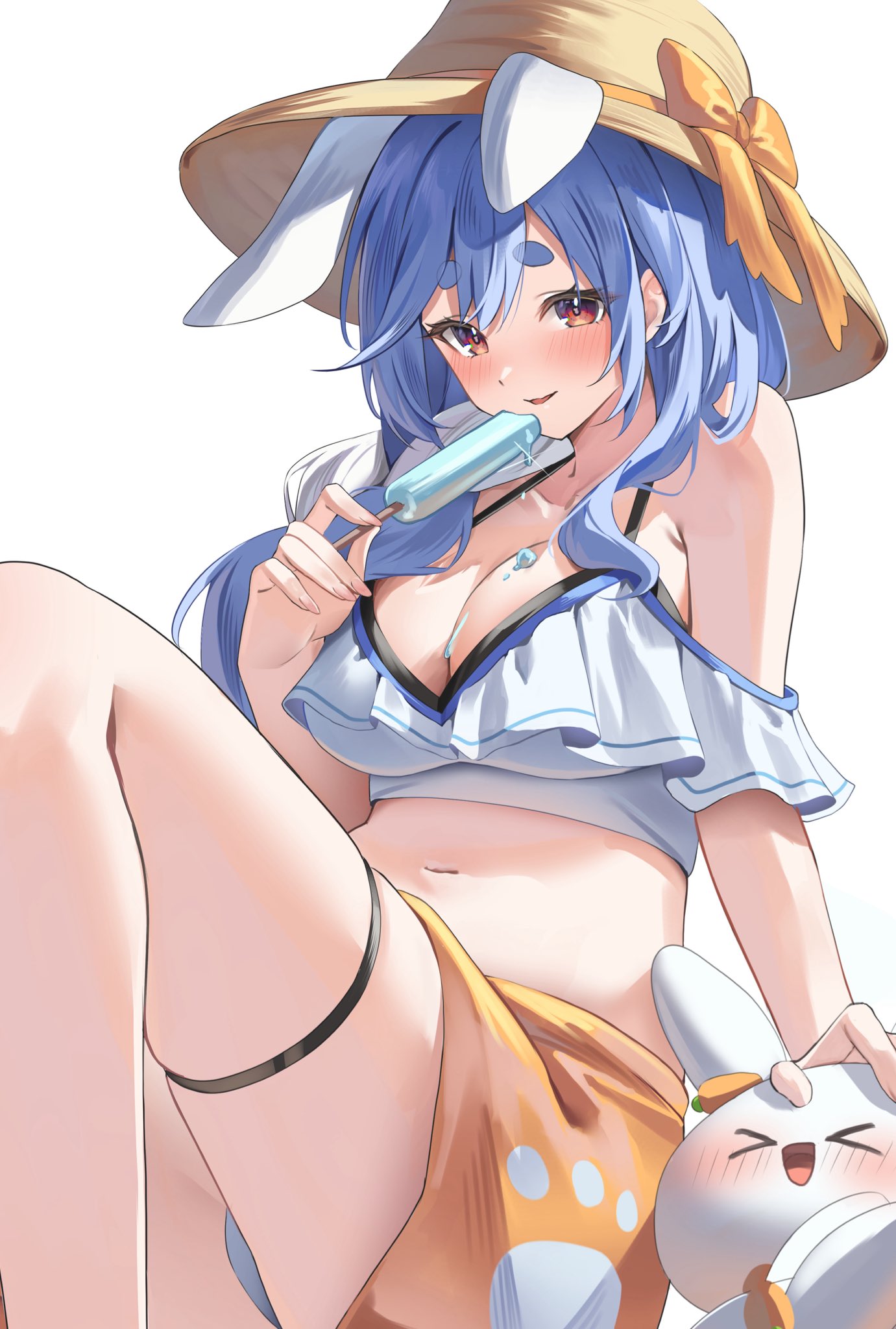 pendora1022, pekomama, pekomon (usada pekora), hololive, commentary request, highres, 1girl, animal ears, bikini, blue hair, blush, breasts, cleavage, food, food on body, food on breasts, hat, holding, holding food, holding popsicle, large breasts, long hair, looking at viewer, melting popsicle, multicolored hair, navel, off-shoulder bikini, off shoulder, parted lips, popsicle, rabbit ears, rabbit girl, red eyes, short eyebrows, simple background, skindentation, solo, stomach, streaked hair, sun hat, swimsuit, thigh strap, white background, white bikini, white hair