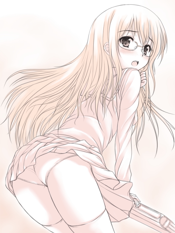 uni8, original, 1girl, ass, bag, blush, briefcase, female focus, glasses, long hair, monochrome, open mouth, panties, pantyshot, school bag, school briefcase, school uniform, serafuku, skirt, solo, thighhighs, underwear