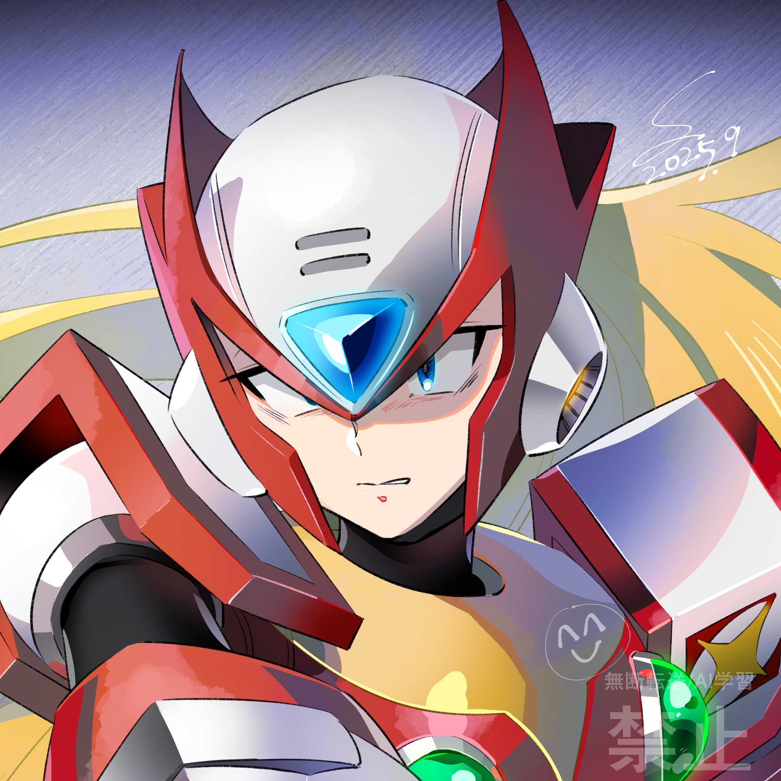 sumomo, zero (mega man), mega man (series), mega man x (series), absurdres, highres, 1boy, armor, blonde hair, blue eyes, chest jewel, dated, forehead jewel, grey background, helmet, long hair, male focus, red armor, red helmet, solo, upper body, watermark