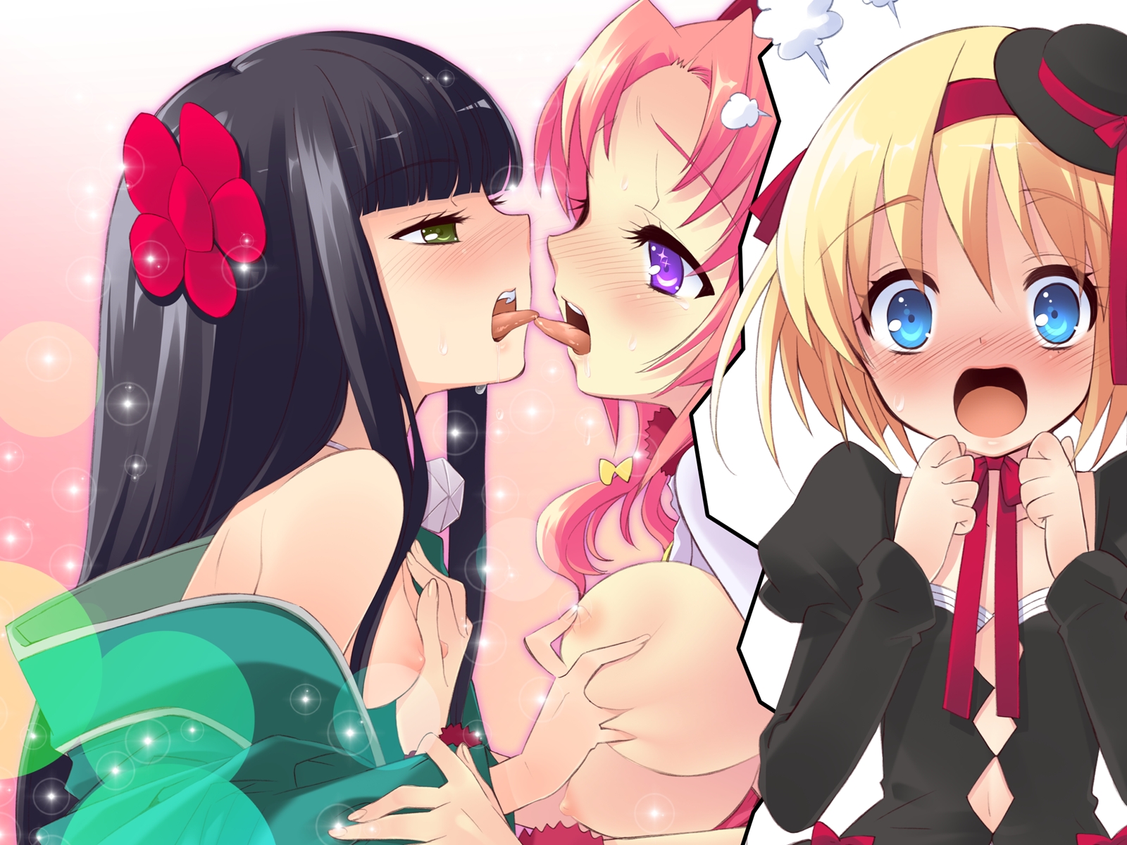 ito noizi, luna (alice parade), odoodo funny, yaname, yaname (alice parade), alice parade, highres, 3girls, black hair, blush, breasts, grabbing another's breast, green eyes, groping, hair ornament, kiss, long hair, medium breasts, multiple girls, nipple stimulation, nipple tweak, nipples, open clothes, open shirt, pink hair, purple eyes, school uniform, shirt, short hair, small breasts, tongue, yuri