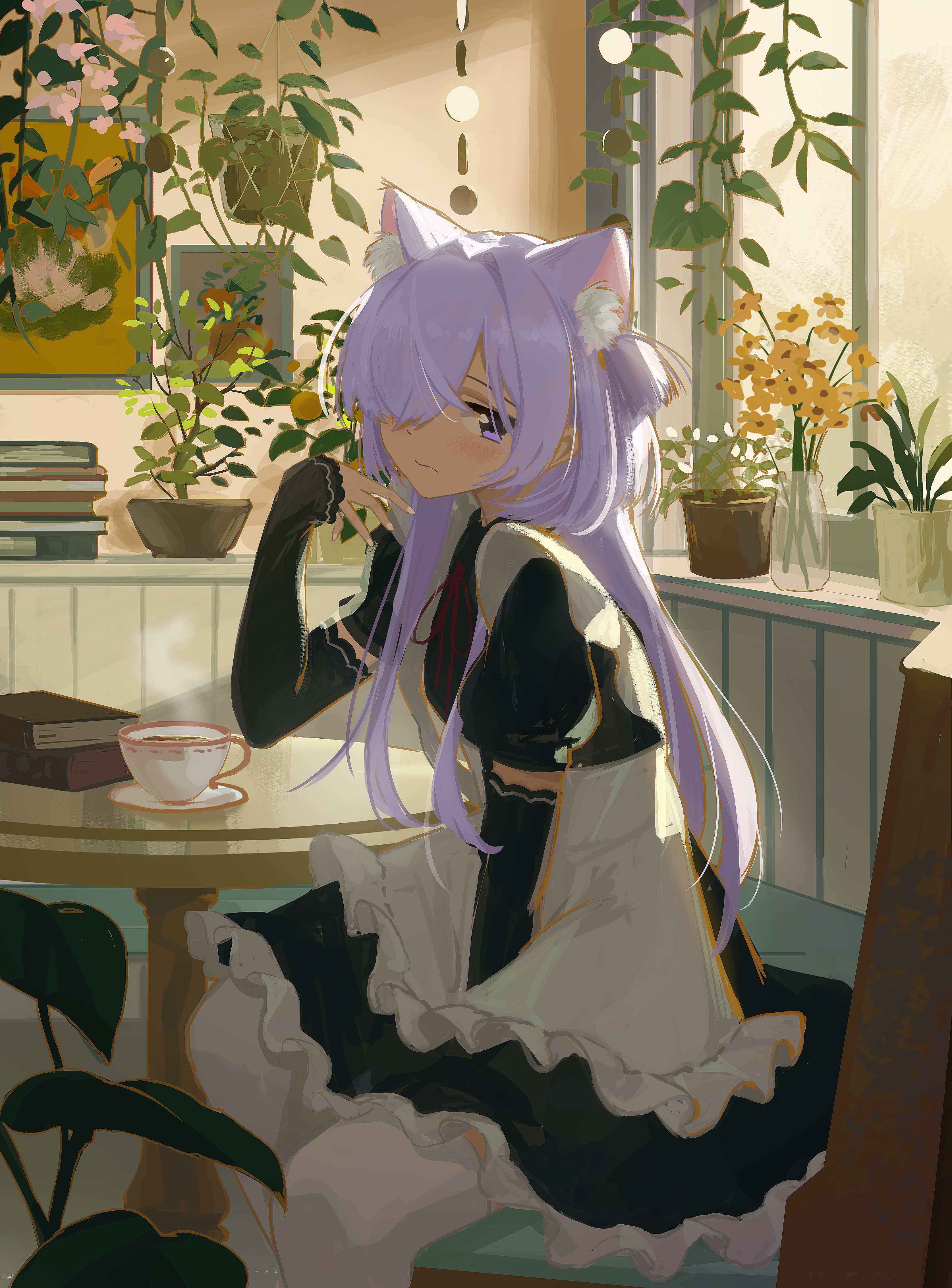 kgt (pixiv12957613), original, absurdres, commentary request, highres, 1girl, animal ear fluff, animal ears, apron, averting eyes, between legs, black dress, blush, book, breasts, cat ears, cat girl, closed mouth, couch, cup, detached sleeves, dress, feet out of frame, flower, hair over one eye, hand between legs, hand up, hanging plant, indoors, long hair, long sleeves, looking to the side, maid, maid apron, neck ribbon, on couch, one eye covered, painting (object), picture frame, plant, potted plant, puffy short sleeves, puffy sleeves, purple eyes, purple hair, red ribbon, ribbon, round table, shelf, short sleeves, sitting, sleeves past wrists, small breasts, solo, table, teacup, vase, very long hair, white apron, window