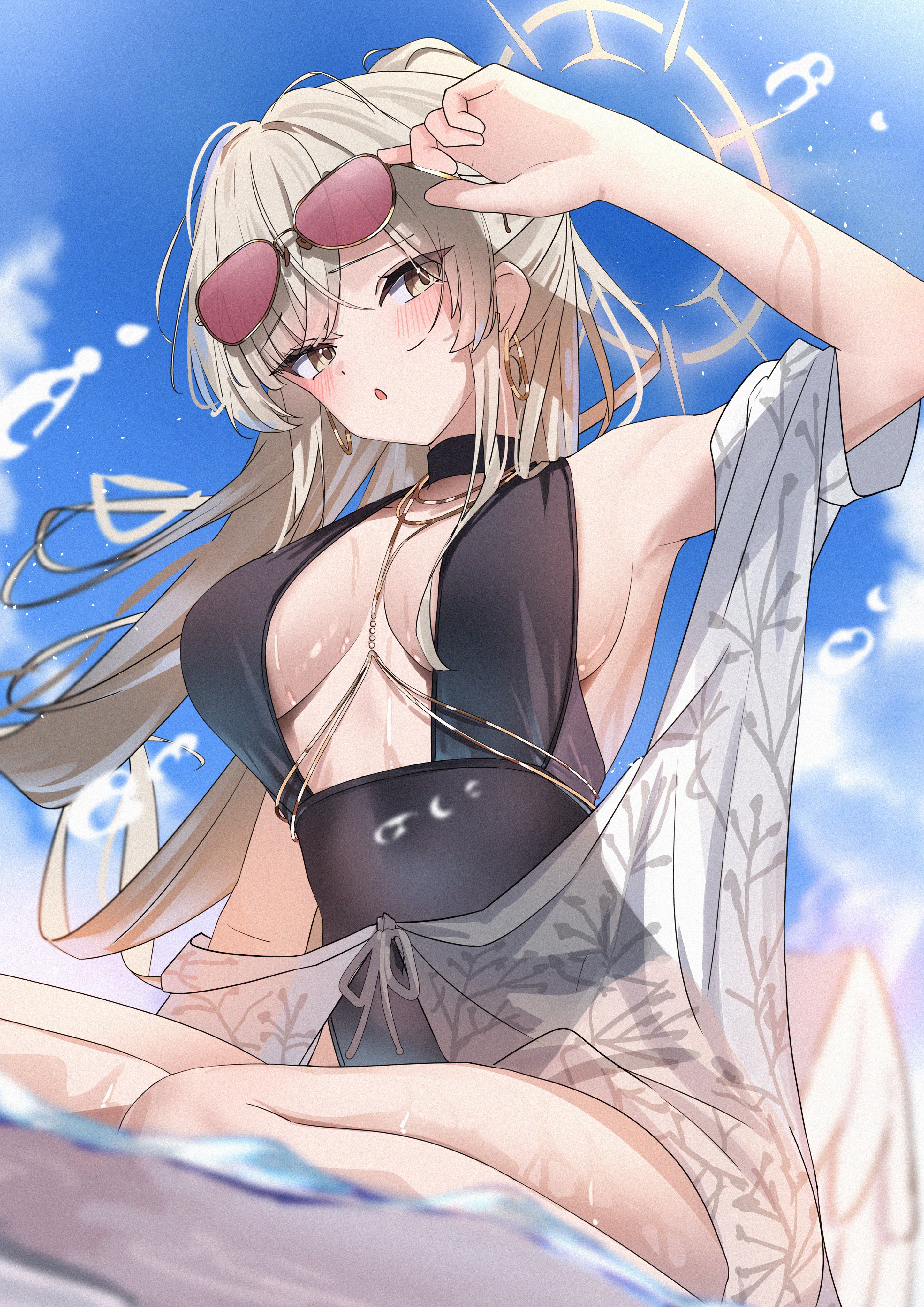 kazu (kauk3753), nagisa (blue archive), nagisa (swimsuit) (blue archive), blue archive, absurdres, commentary, highres, 1girl, black one-piece swimsuit, blue sky, breasts, brown hair, cloud, day, eyewear on head, halo, long hair, medium breasts, official alternate costume, one-piece swimsuit, outdoors, ponytail, red-tinted eyewear, sitting, sky, solo, summer, sunglasses, swimsuit, tinted eyewear, yellow halo