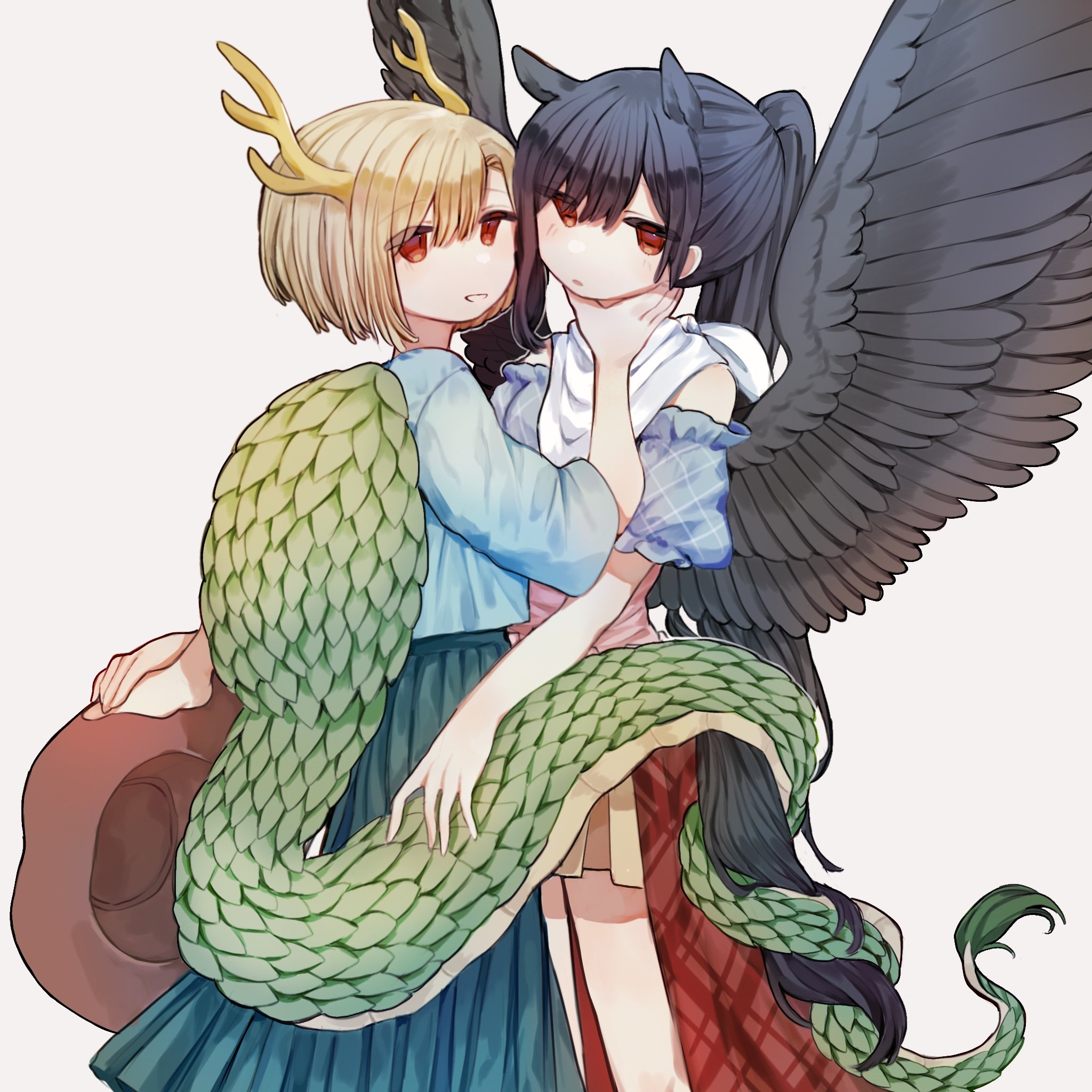 yuejinlin, kicchou yachie, kurokoma saki, touhou, highres, animal ears, antlers, bandana, black hair, black wings, blonde hair, blue bow, blue shirt, bow, brown hat, cowboy hat, cropped legs, dragon tail, feathered wings, green skirt, hand around neck, hand on another tail, hat, holding, holding unworn clothes, holding unworn hat, horns, horse ears, horse tail, long hair, off-shoulder shirt, off shoulder, pegasus wings, red eyes, shirt, short sleeves, simple background, skirt, tail, tail wrap, unworn hat, unworn headwear, white background, white bandana, wings, yuri