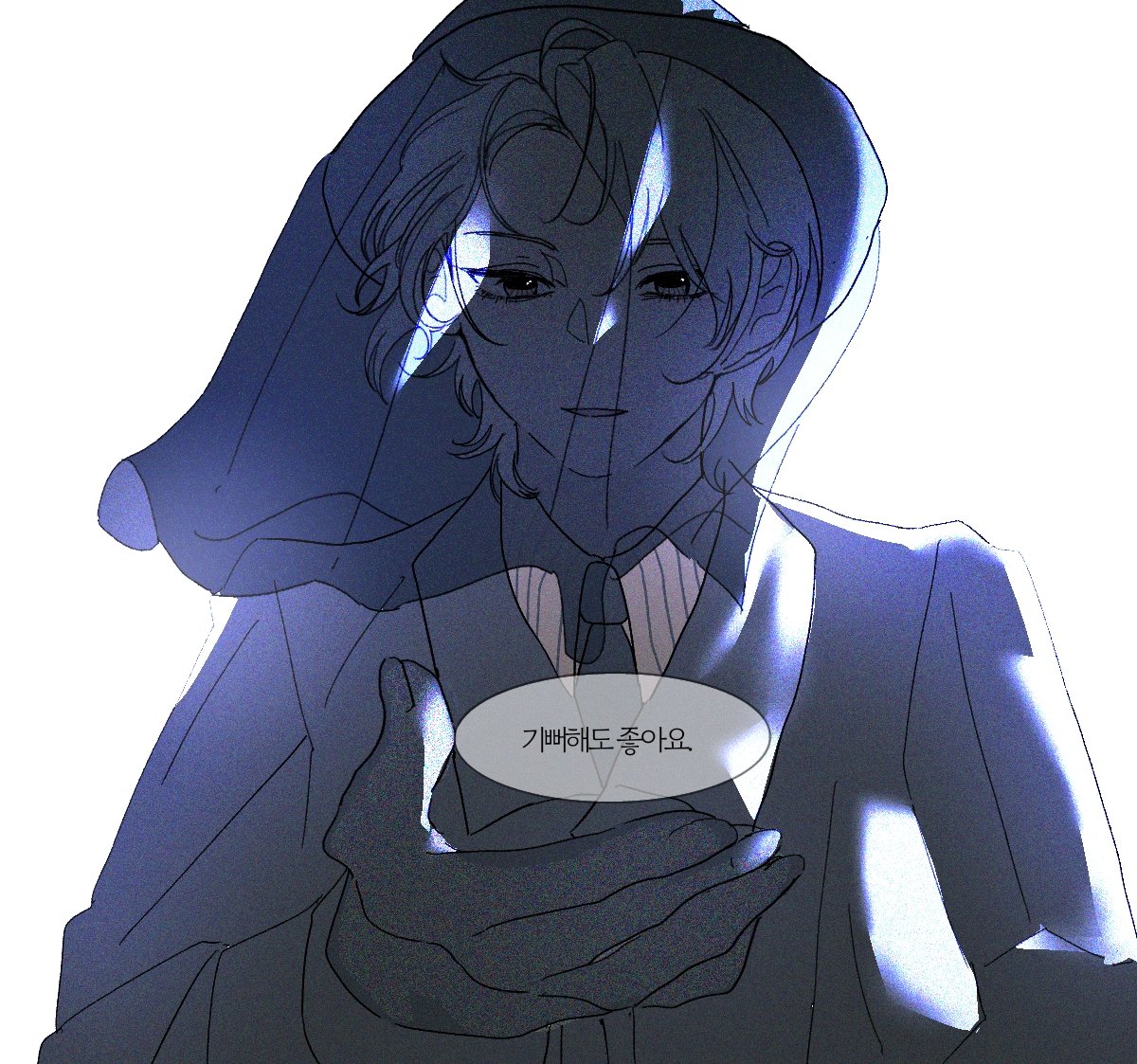 i don't want this kind of hero, 1boy, black coat, blue hair, blue necktie, coat, formal clothes, genderswap, genderswap (ftm), gradient hair, korean text, miiiiim80, multicolored hair, necktie, shirt, smile, suit, two-tone hair, veil, white shirt, white streaks, yellow eyes, youngjeong