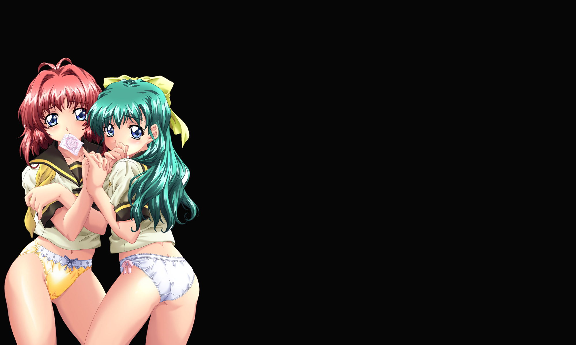 miyafuji miina, onodera karen, onegai twins, highres, 00s, 2000×1200, black background, blush, condom, long hair, midriff, panties, school uniform, serafuku, underwear