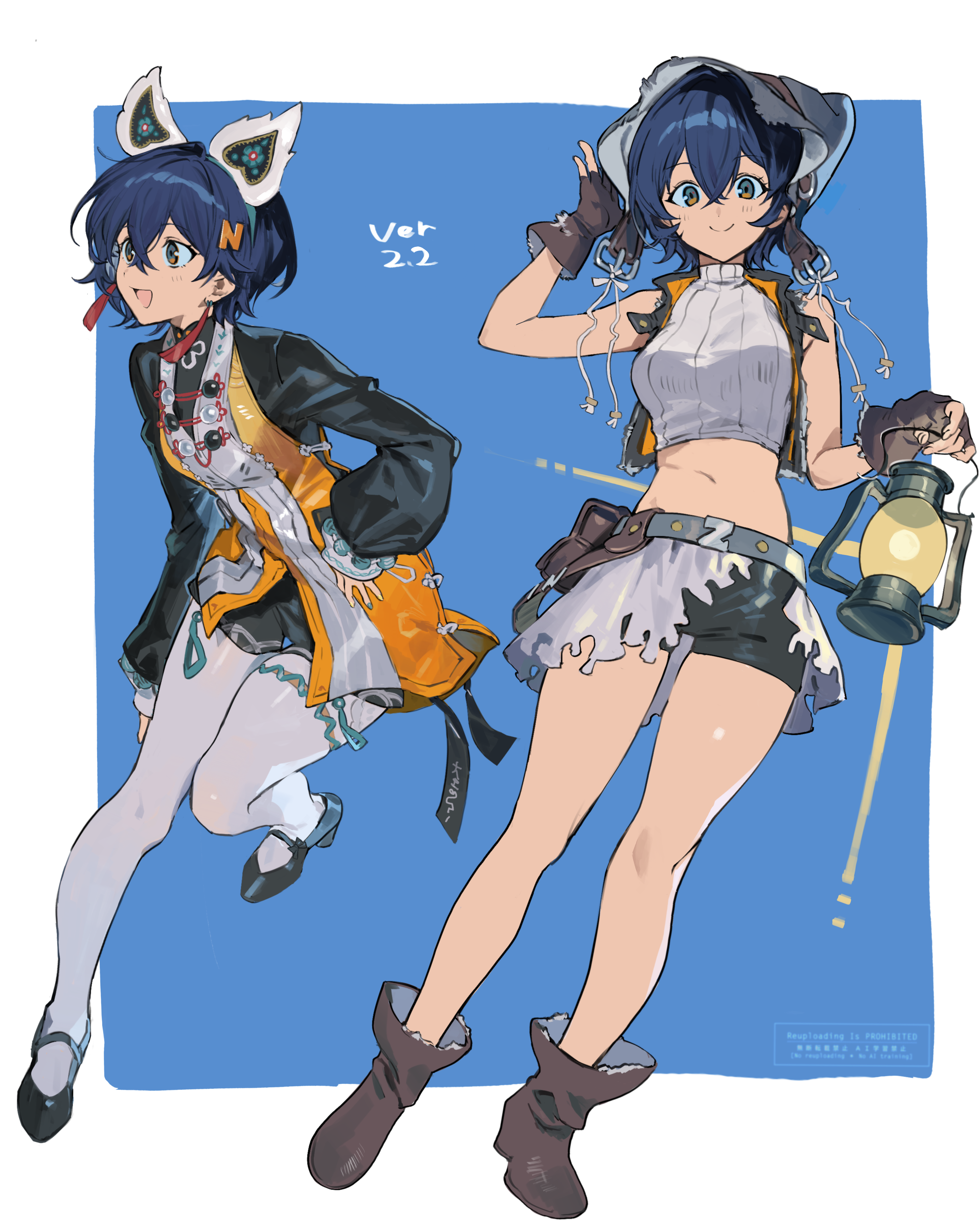 hashibiro kou (garapiko p), belle (delicate sunlight) (zenless zone zero), belle (zenless zone zero), zenless zone zero, absurdres, highres, 1girl, accessories, animal ears, arm up, bare legs, bare shoulders, belt, black jacket, black shoes, black shorts, black sleeves, blue background, blue hair, blush, brown gloves, brown shoes, cat ears, chinese clothes, dress, dress over shirt, earrings, fingerless gloves, gloves, green eyes, hair ornament, hand on own hip, hat, jacket, jewelry, lantern, letter hair ornament, looking at viewer, looking to the side, midriff, navel, orange dress, pantyhose, pouch, shirt, shoes, shorts, single hair intake, sleeveless, thigh strap, white pantyhose, white shirt