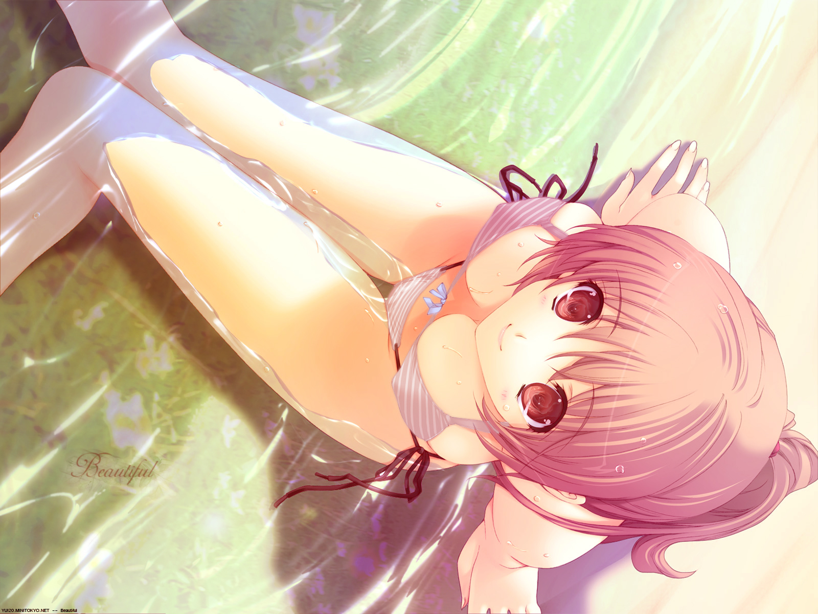 iizuki tasuku, kasumi (doa), dead or alive, tecmo, highres, 1girl, arm support, bikini, blush, breasts, brown eyes, brown hair, female focus, from above, knees together feet apart, large breasts, long hair, looking at viewer, looking up, outdoors, ponytail, side-tie bikini bottom, sitting, solo, striped bikini, striped clothes, swimsuit, water, wet