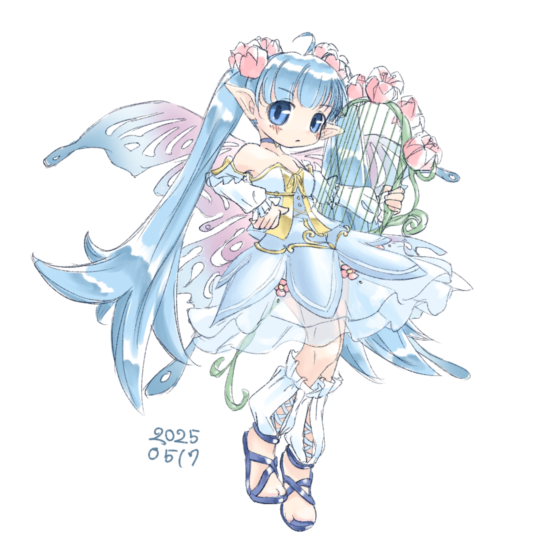 tairui, emil chronicle online, highres, 1girl, ahoge, blue choker, blue eyes, blue hair, bow flower, breasts, choker, dated, detached sleeves, dress, fairy wings, frilled sleeves, frills, hand on own hip, harp, instrument, looking at viewer, off-shoulder dress, off shoulder, sandals, see-through clothes, see-through dress, shugoma satsuki, small breasts, solo, standing, standing on one leg, twintails, white background, white dress, white sleeves, wings