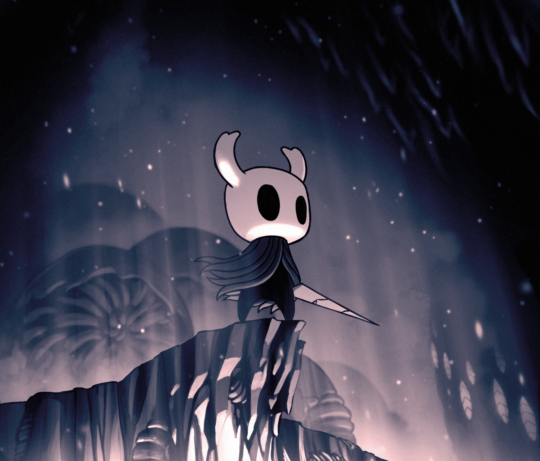 knight (hollow knight), hollow knight, highres, official art, promotional art, 1other, ari gibson, bug, chitin, cliff, cloak, damaged, empty eyes, grey cloak, holding, holding weapon, hollow eyes, horned mask, mask, nail (hollow knight), night, night sky, old nail (hollow knight), sky, solid oval eyes, solo, standing, weapon, white mask