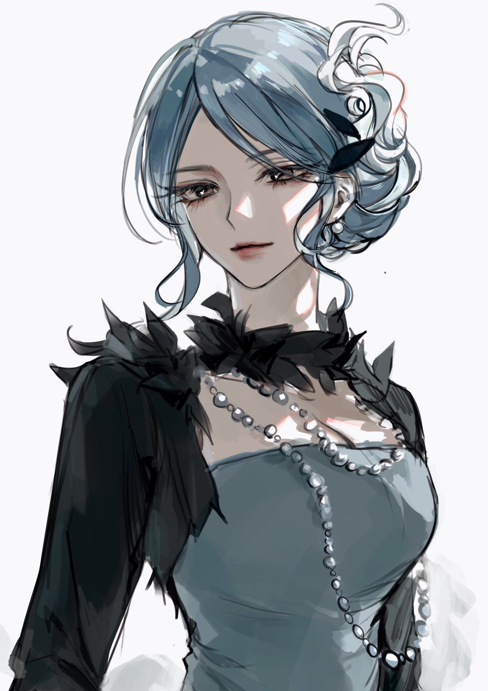 evl 1230, i don't want this kind of hero, highres, 1girl, blue dress, blue hair, dress, gradient hair, lipstick, makeup, multicolored hair, two-tone hair, wavy hair, white streaks, yellow eyes, youngjeong