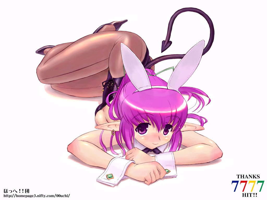 inu777, oouchi takadou, nira (character), original, 1girl, animal ears, blush, bow, bowtie, breast press, breasts, demon girl, demon tail, earrings, elf, fake animal ears, female focus, full body, hair ribbon, high heels, jewelry, leotard, long hair, lying, medium breasts, milestone celebration, on stomach, pantyhose, playboy bunny, pointy ears, ponytail, purple eyes, purple hair, rabbit ears, ribbon, shadow, shiny clothes, shoes, sideboob, simple background, single earring, smile, solo, tail, wrist cuffs